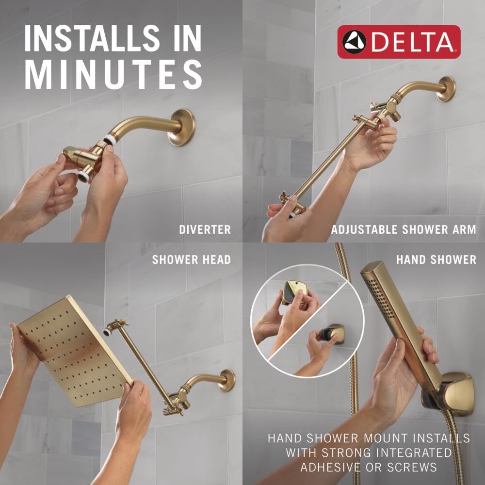 Delta Faucet 10-inch Raincan Shower Head & Handheld Shower Combo - Gold Square Rainfall Shower Head with High Pressure 1.75 GPM - Champagne Bronze 75527-CZ - Perfect for Luxurious Spa-Like Bathroom Experience