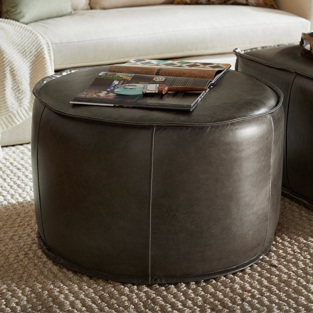 Cyan Design 11448 Lusso Round Pouf Ottoman - Grey Home Decor Footstool for Living Room, Bedroom & Nursery | Stylish Seating & Accent Piece