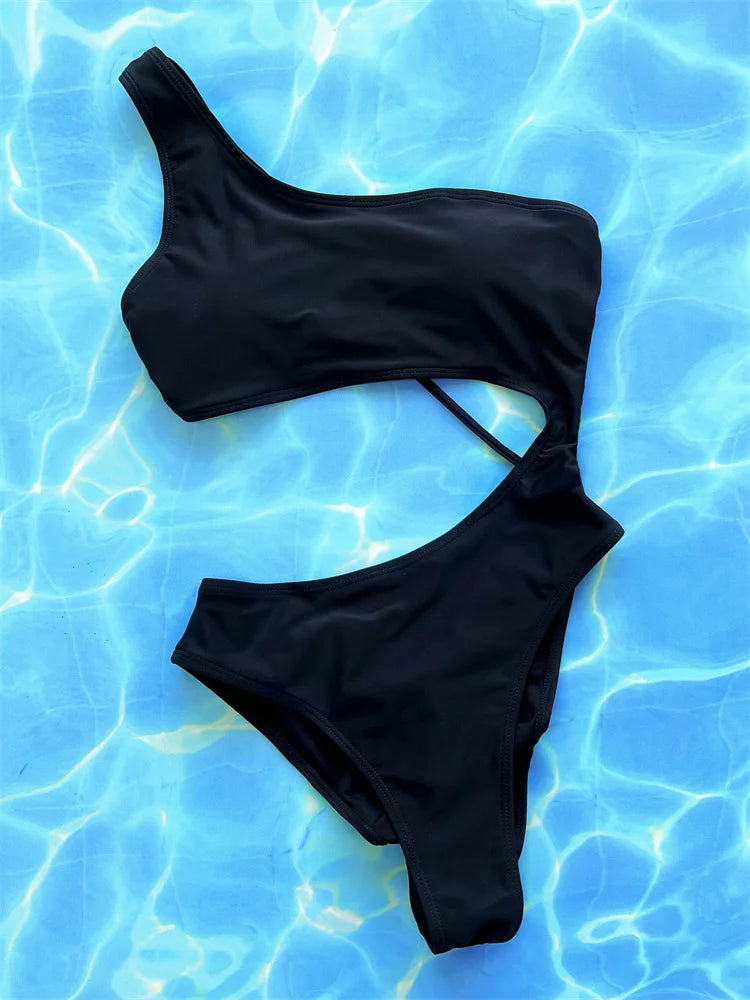 Sexy Black Cut Out One Piece Swimsuit for Women 2024 - Backless One Shoulder Halter Monokini with High Waist | Perfect for Beach Vacation, Pool Party & Summer Getaways