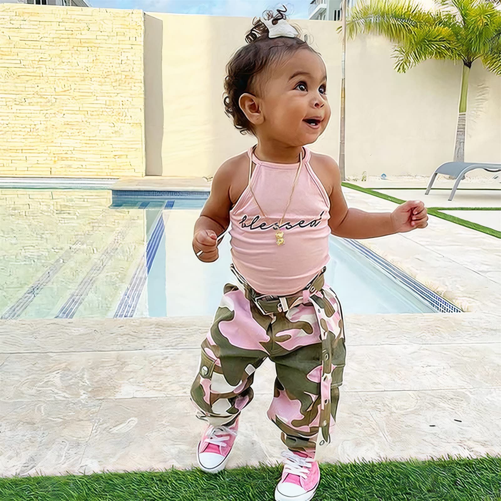 CIYCUIT Toddler Girl Summer Outfit - Blessed Letter Print Tank Top & Camo Pants Set | Cute Casual Playwear for Beach, Park & Outdoor Adventures