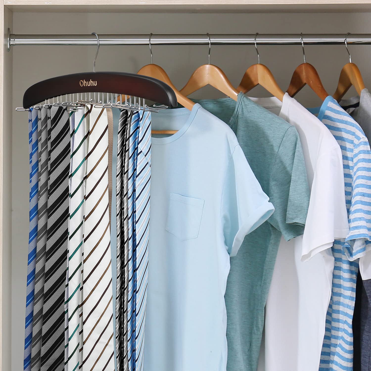 Ohuhu Wooden Tie Rack - 24 Slot Tie & Belt Organizer with Hooks for Closet Storage | Perfect for Men's Neckties, Women's Scarves & Accessories | Space-Saving Closet Organizer for Home & Office Wardrobe