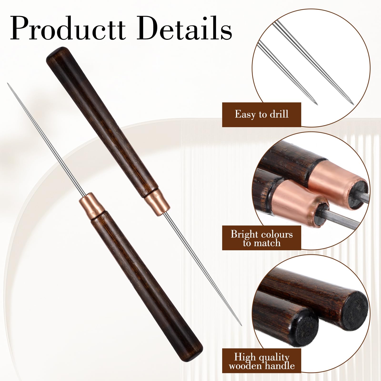 2Pcs Scratch Awl Tool Set - Metal Leather Punch with Wooden Handle, Micro Point Sewing Awl Needles for Fabric Hole Punching & Stitching - Perfect for Leather Craft, DIY Repair, Tailoring and Upholstery Projects