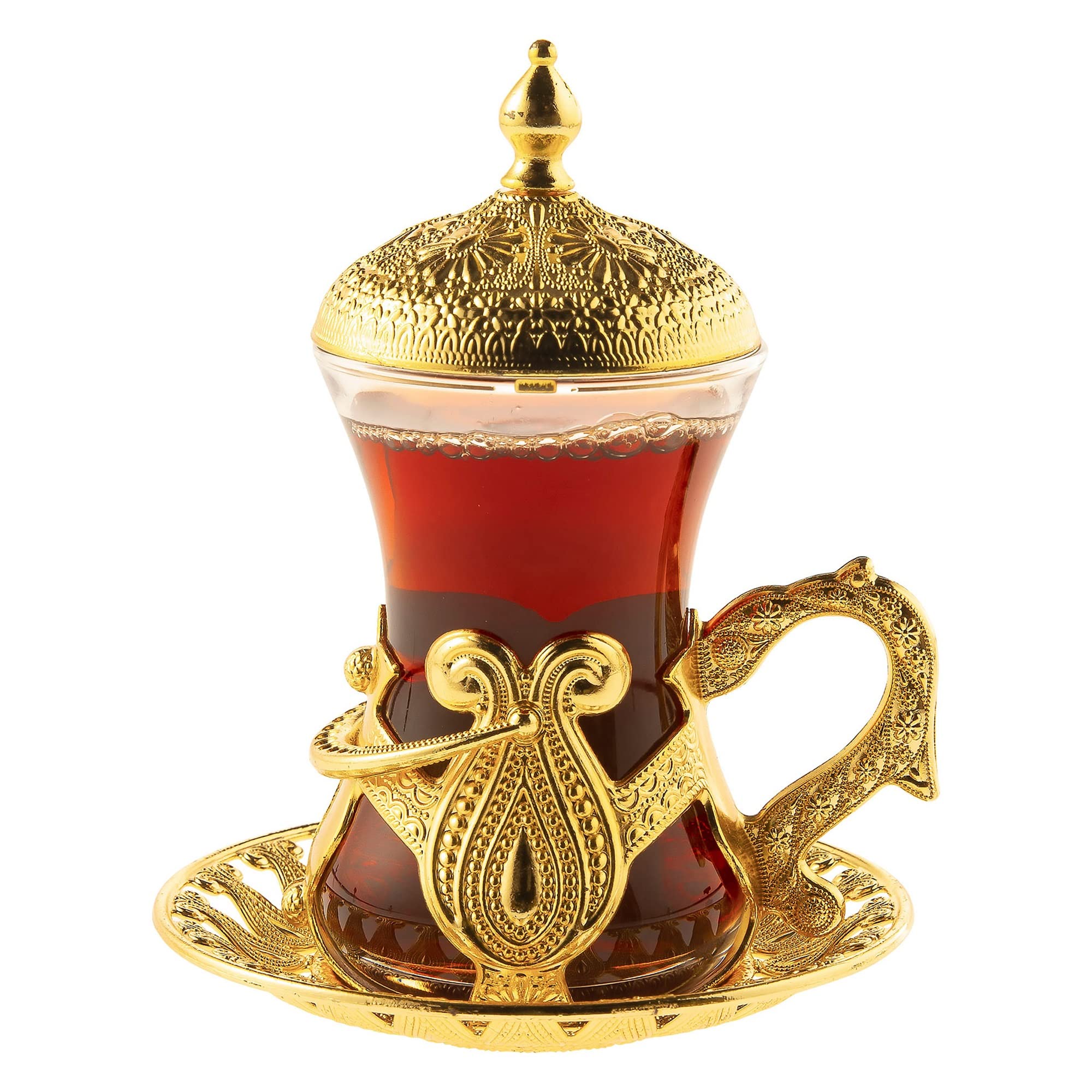 Premium Turkish Tea Glass Set of 6 with Handmade Metal Holders & Saucers - Gold Vintage Style Tea Cups for Authentic Tea Ceremonies | Perfect for Home Decor, Gift Giving & Traditional Tea Parties
