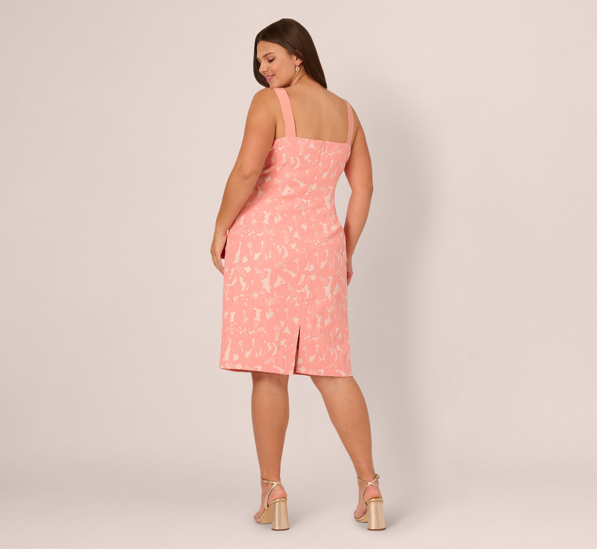 Plus Size Floral Jacquard Sheath Dress with Tucked Details - Light Coral Summer Dress for Women | Perfect for Beach Weddings, Garden Parties & Office Wear