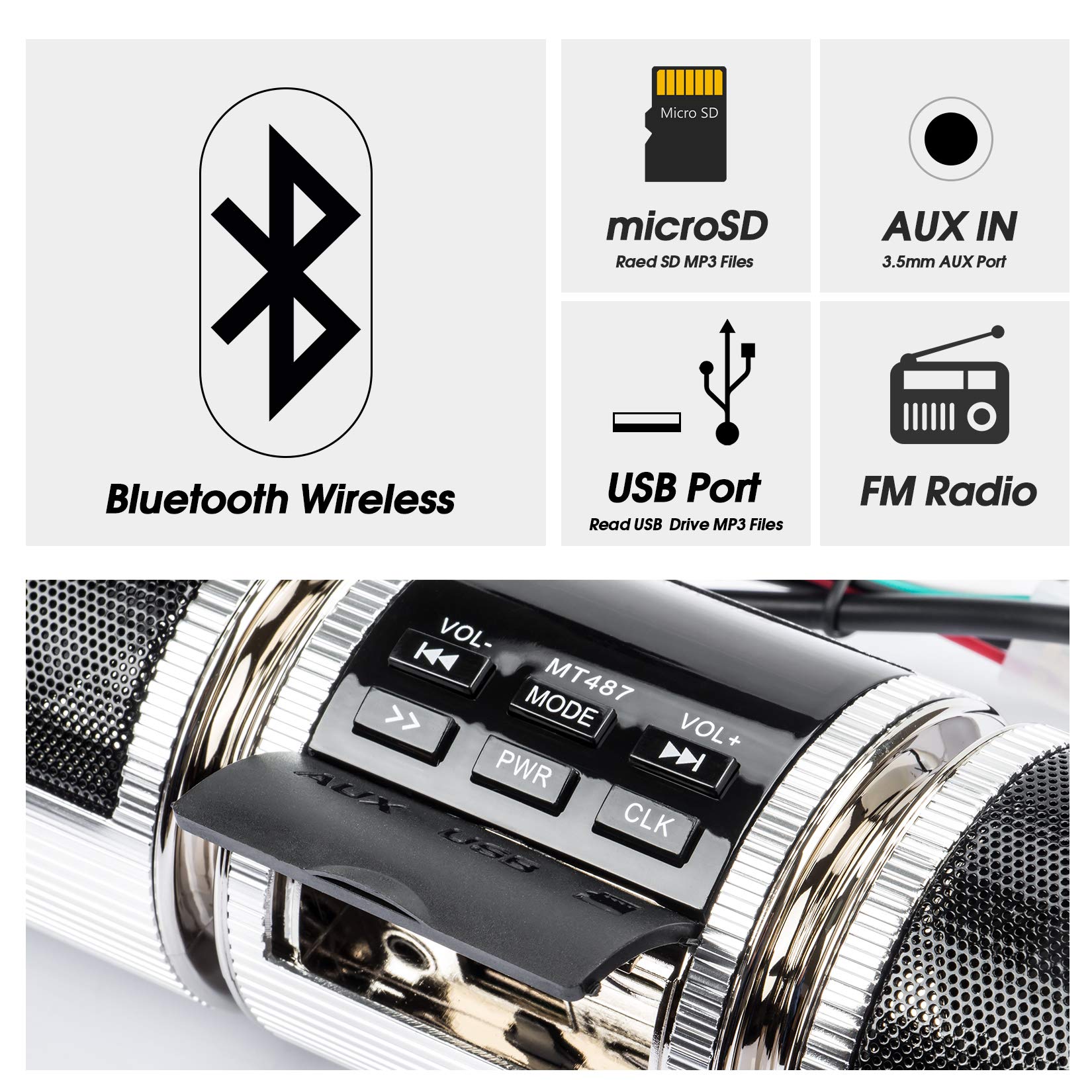 PSLER Waterproof Bluetooth Motorcycle Speaker - Handlebar Mount Stereo Sound System with FM Radio & MP3 Player for Motorcycle, Scooter, Bike, ATV - Perfect for Outdoor Adventures & Road Trips (Silver)
