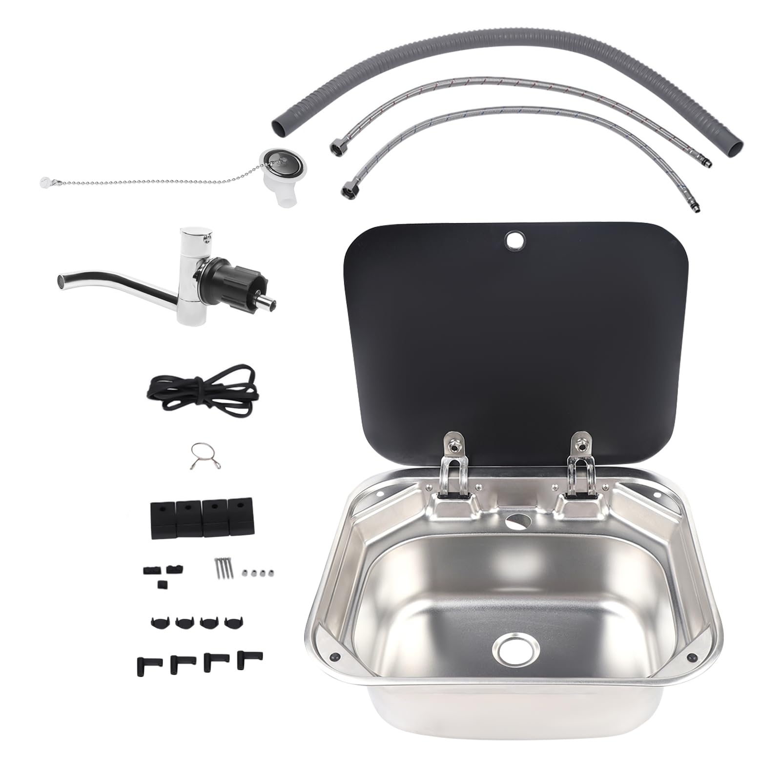 304 Stainless Steel RV Sink with Lid & Faucet - 16.7x14.7x5.9in Single Bowl Outdoor Kitchen Sink for RV, Caravan, Boat & Camper - Perfect for Mobile Cooking & Camping Adventures