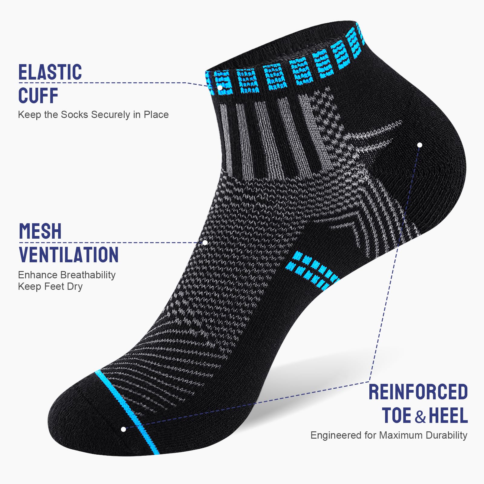 Men's Athletic Ankle Socks - 6 Pairs Cushioned Running Socks with Moisture-Wicking Technology - Breathable Low-Cut Cotton Socks for Sports, Gym & Everyday Wear