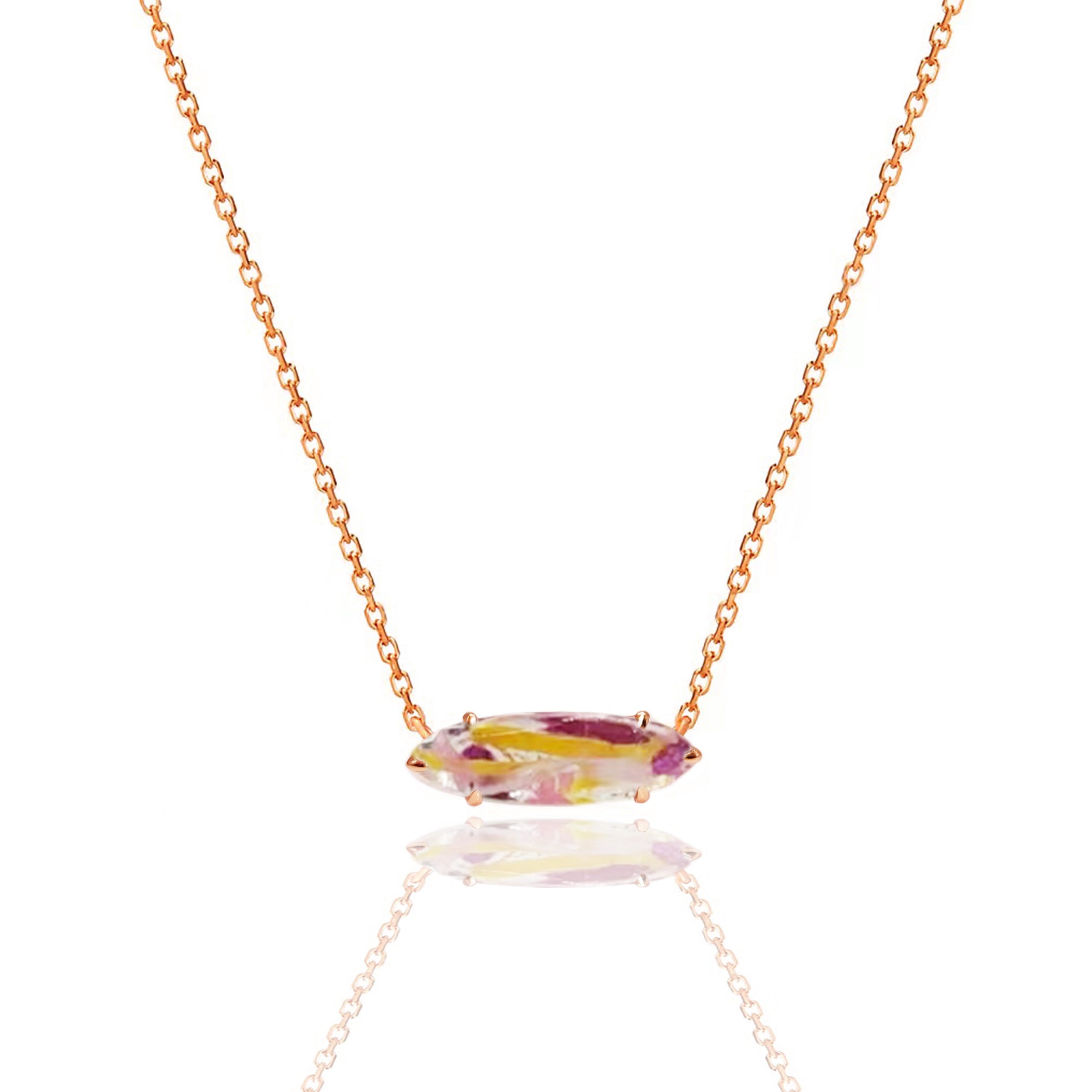 Solid Gold Marquise Necklace with Dried Wedding or Funeral Flowers - Elegant Memorial Jewelry for Special Occasions & Keepsake Gifting