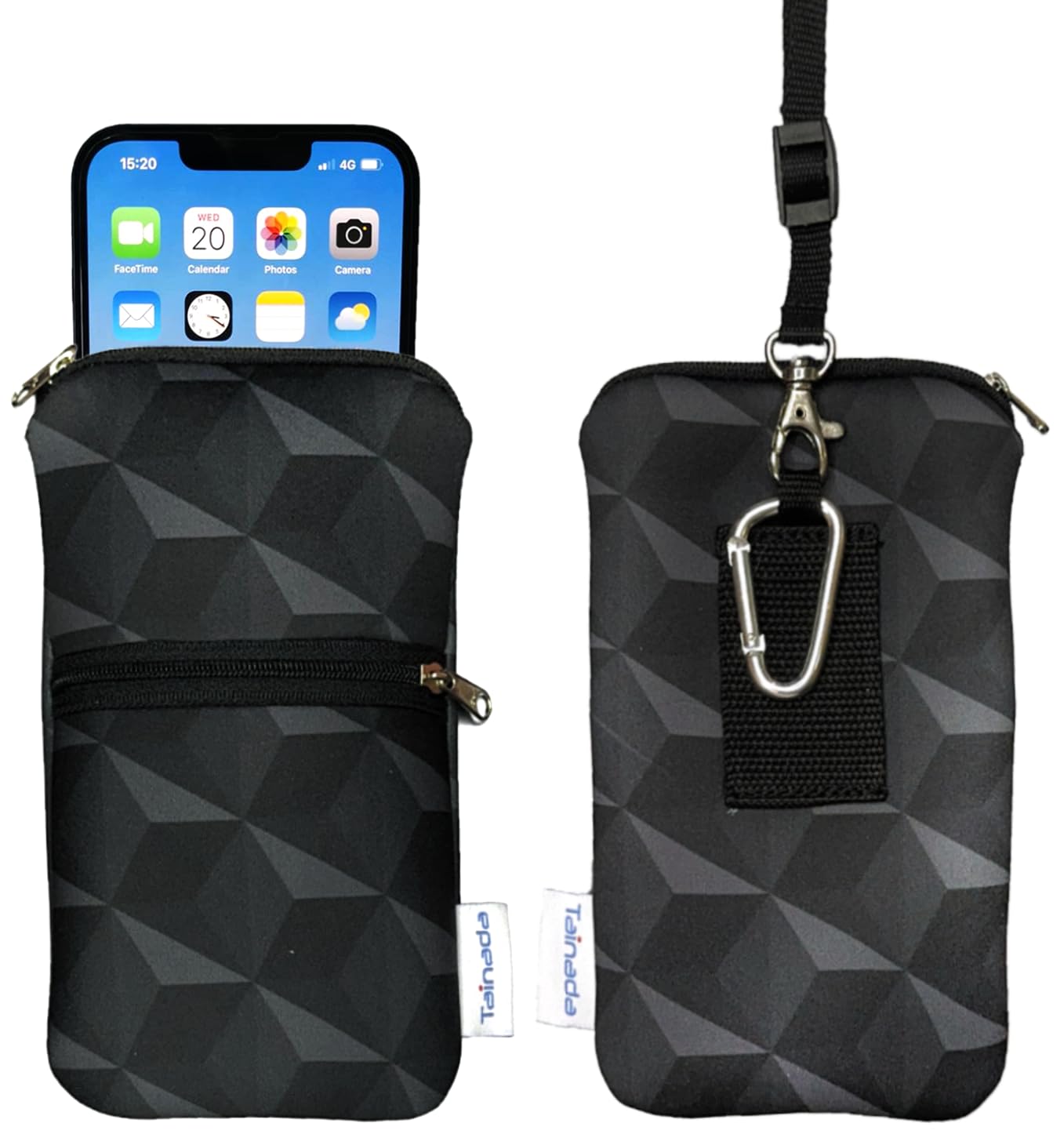Tainada Shockproof Neoprene Phone Pouch with Zipper - Universal Case for iPhone 16/15 Pro Max/Plus, Samsung Galaxy S24/A54 - Includes Carabiner, Neck Lanyard & Belt Loop (Black Geometric Pattern) - Perfect for Hiking, Travel & Everyday Protection