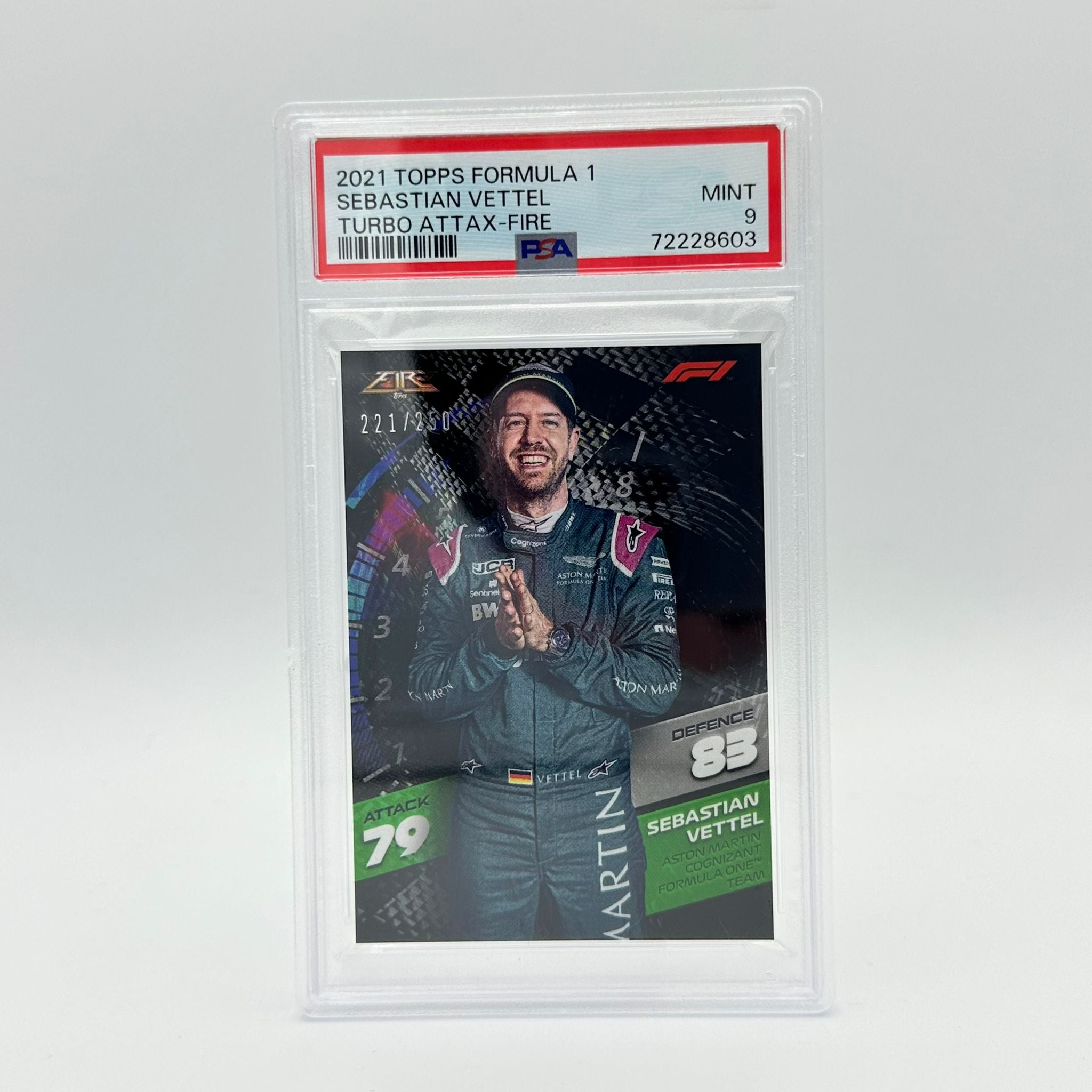 PSA 9 Graded Sebastian Vettel /250 Fire Card - Rare Collectible for F1 Fans & Sports Memorabilia Enthusiasts