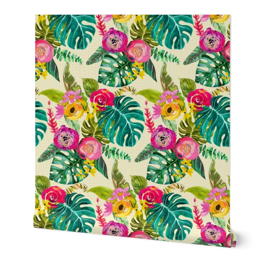 Commercial Grade Wallpaper 27ft x 2ft - Boho Tropical Floral Bohemian Paradise Traditional Peel and Stick Wallpaper by Spoonflower | Perfect for Bedroom, Living Room, Office & Home Decor