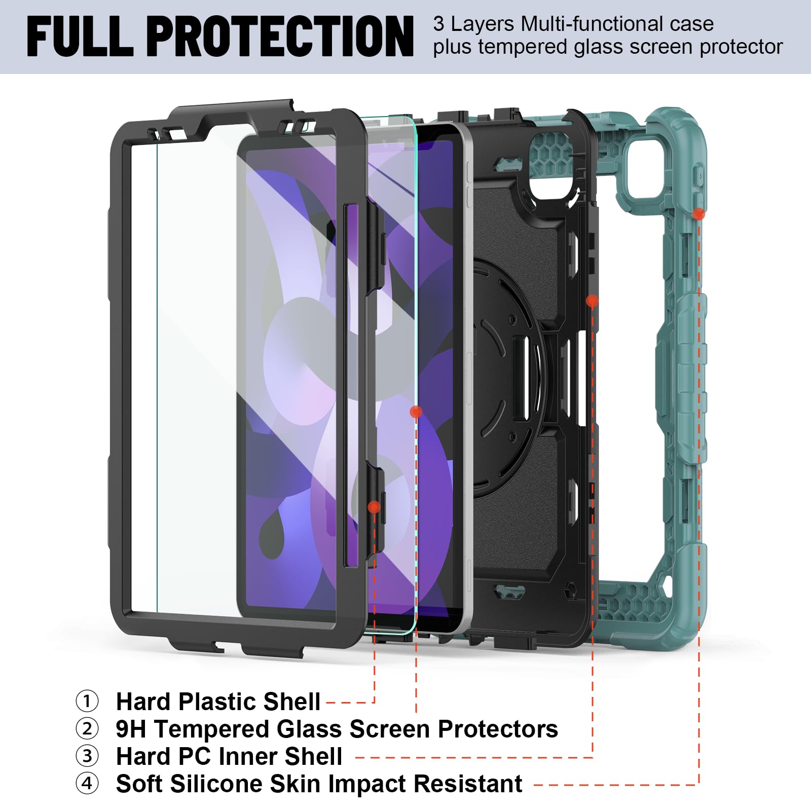 Premium Shockproof iPad Air 5th/4th Gen (2022/2020) & iPad Pro 11 Case - 360° Full Body Protection with 9H Tempered Glass Screen Protector, Rotating Kickstand & Hand Strap (Teal/Black) - Perfect for Work, Travel & Outdoor Activities