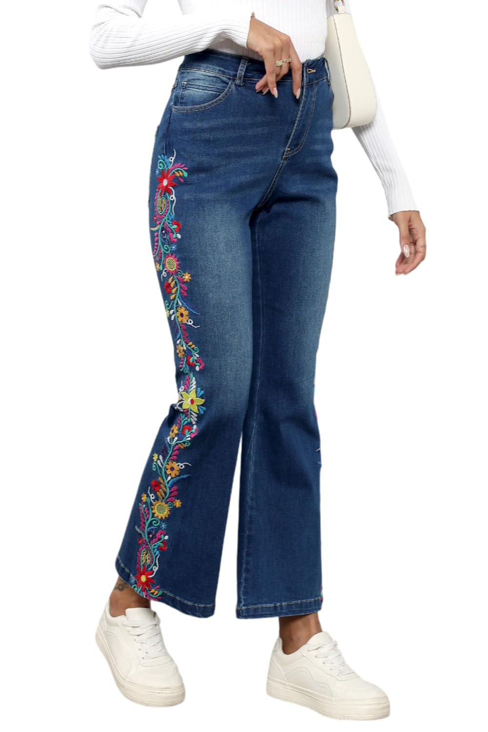 Trendy High Rise AK Flare Jeans for Women - Embroidered Denim with Pockets & Tummy Control for Casual Wear