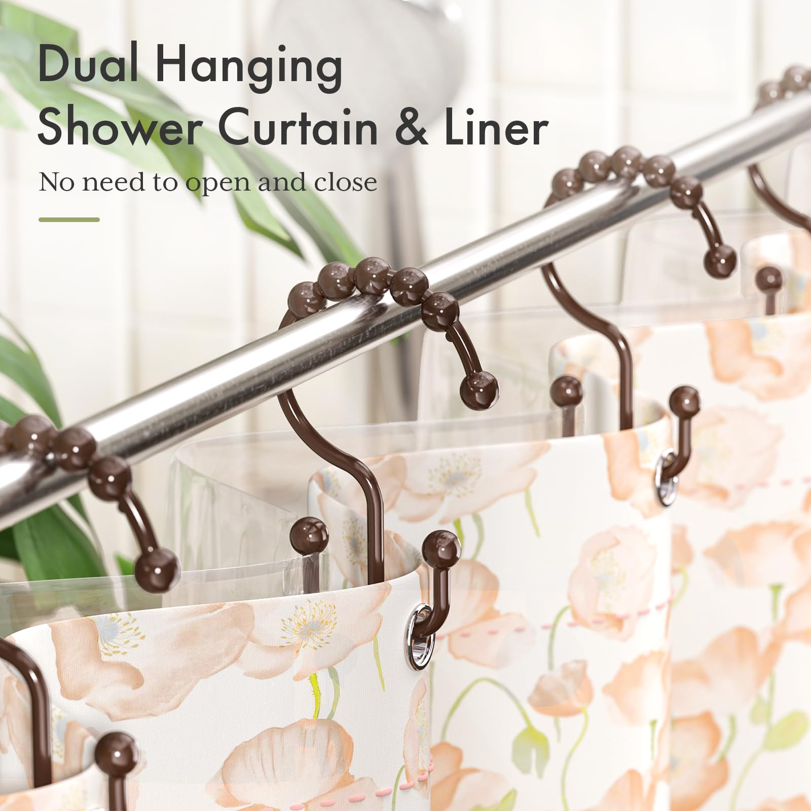 Amazer 12-Pack Brown Plastic Double Shower Curtain Hooks Rings for Bathroom - Durable Shower Rod Accessories for Home, Hotel & Spa Use