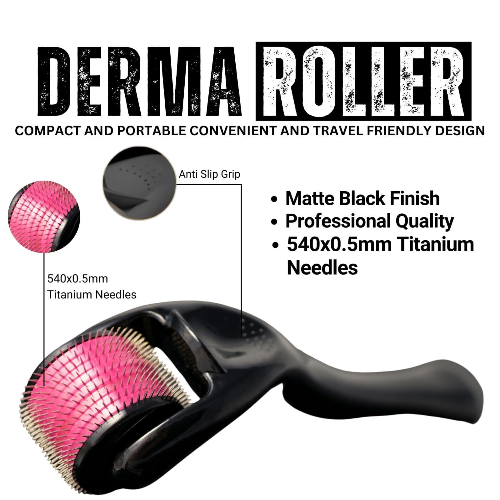 0.5mm Derma Roller with 540 Titanium Needles for Hair Growth & Thickening | Repair Damaged Hair & Activate Follicles | Reduce Hair Fall & Acne Scars | Safe & Effective Hair Care & Skin Treatment | Perfect for At-Home Hair Regrowth & Scar Reduction Therapy