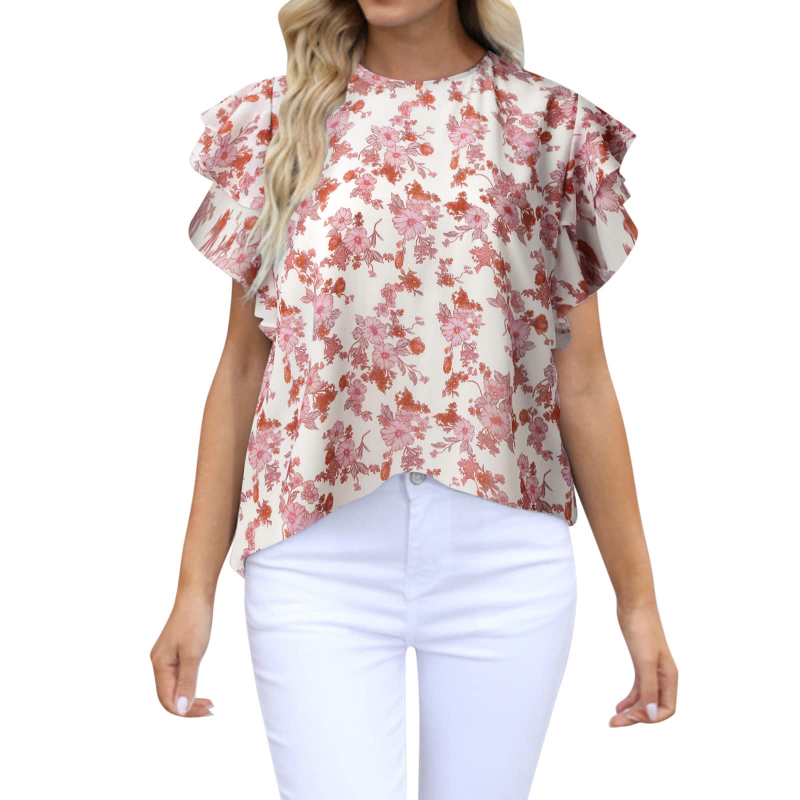 Women's Floral Print Crew Neck Casual Tops - Basic Tee Shirts with Petal Sleeves for Summer | Perfect for Beach Outings, Picnics & Everyday Wear