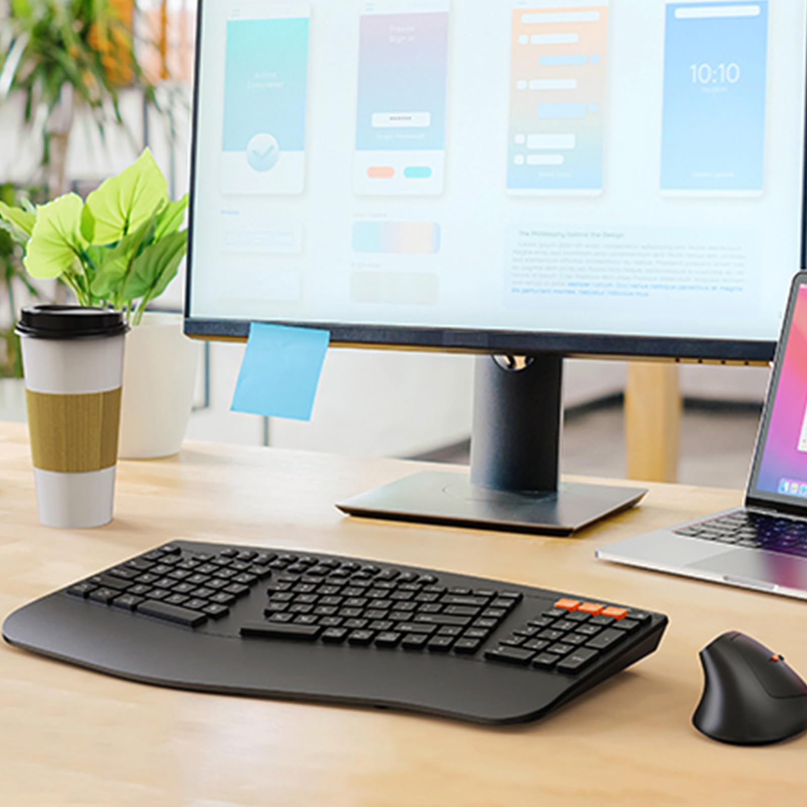 Ergonomic Wireless Keyboard and Mouse Combo - Silent Vertical Mouse with Cushioned Wrist Rest, 2.4G & Bluetooth Dual-Mode for PC/Mac (Black) - Perfect for Office Work, Gaming & Long Typing Sessions