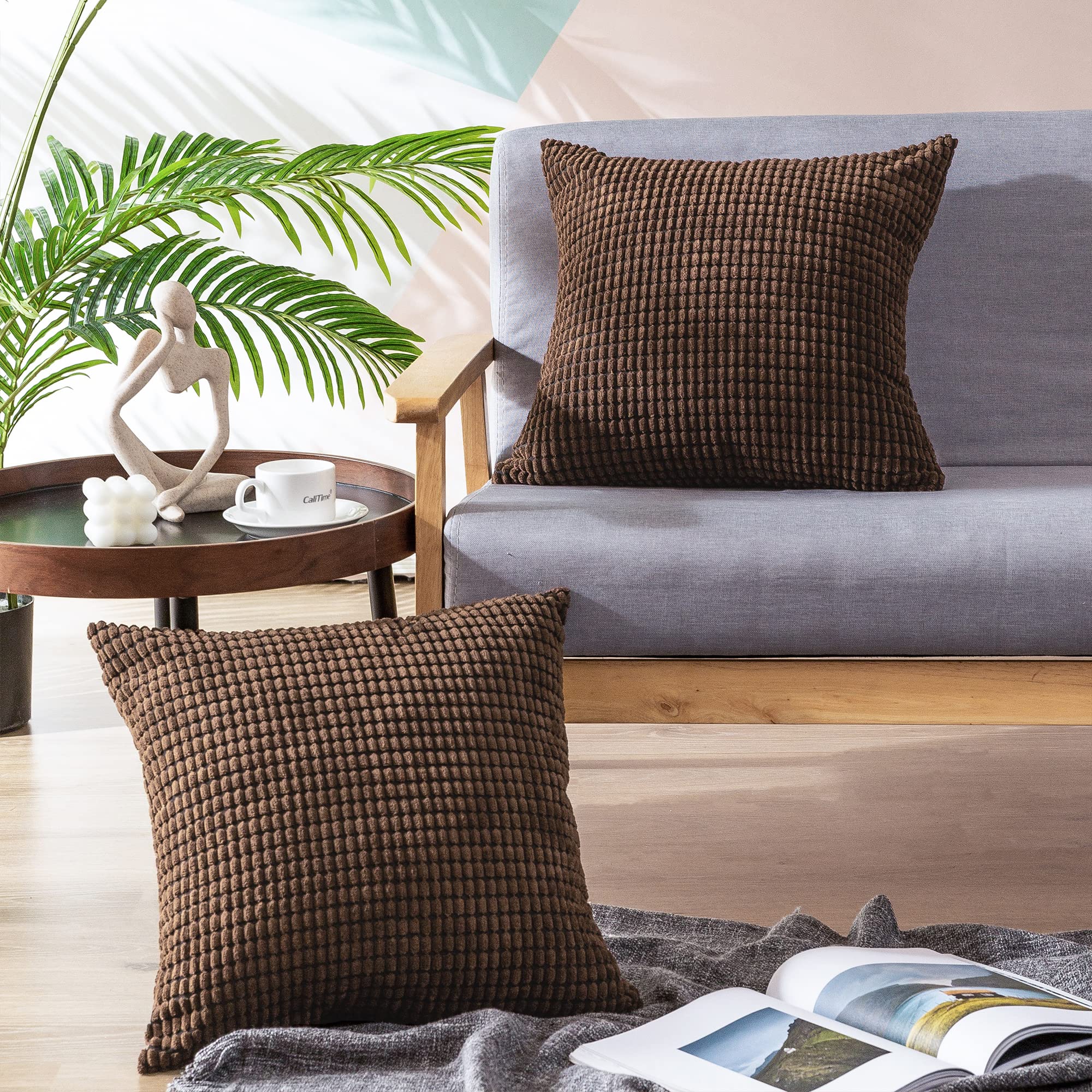 Premium Corduroy Striped Throw Pillow Covers Set of 2 - 24x24 Inch Soft Waffle Textured Decorative Cushion Cases for Sofa, Couch & Bed - Farmhouse Style Home Decor in Warm Brown - Perfect for Living Room, Bedroom & Cozy Reading Nook