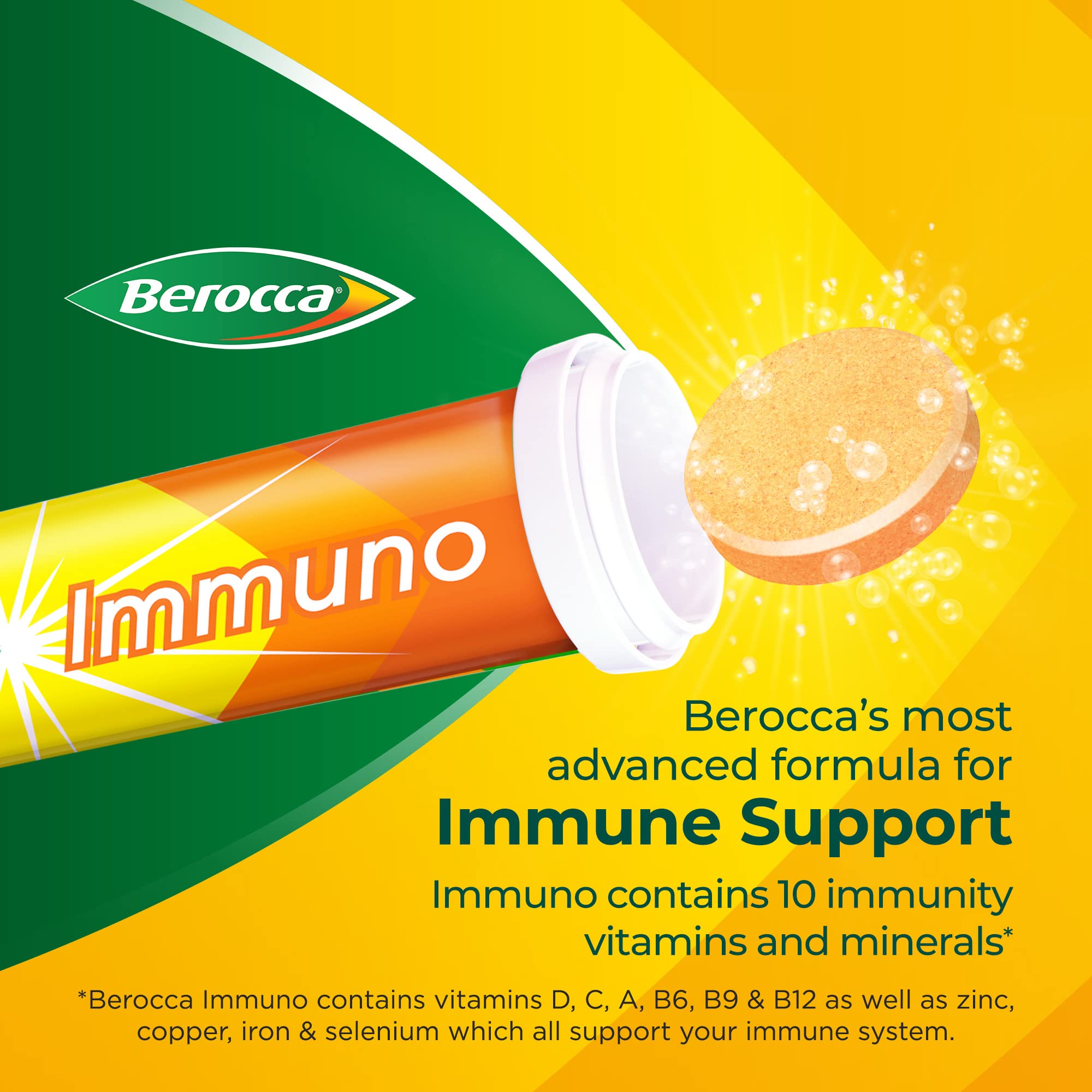 Berocca Immuno Energy & Immune Support Supplement - 15 Effervescent Tablets for Daily Wellness & Immune Boost | Perfect for Travel, Workout & Busy Lifestyles