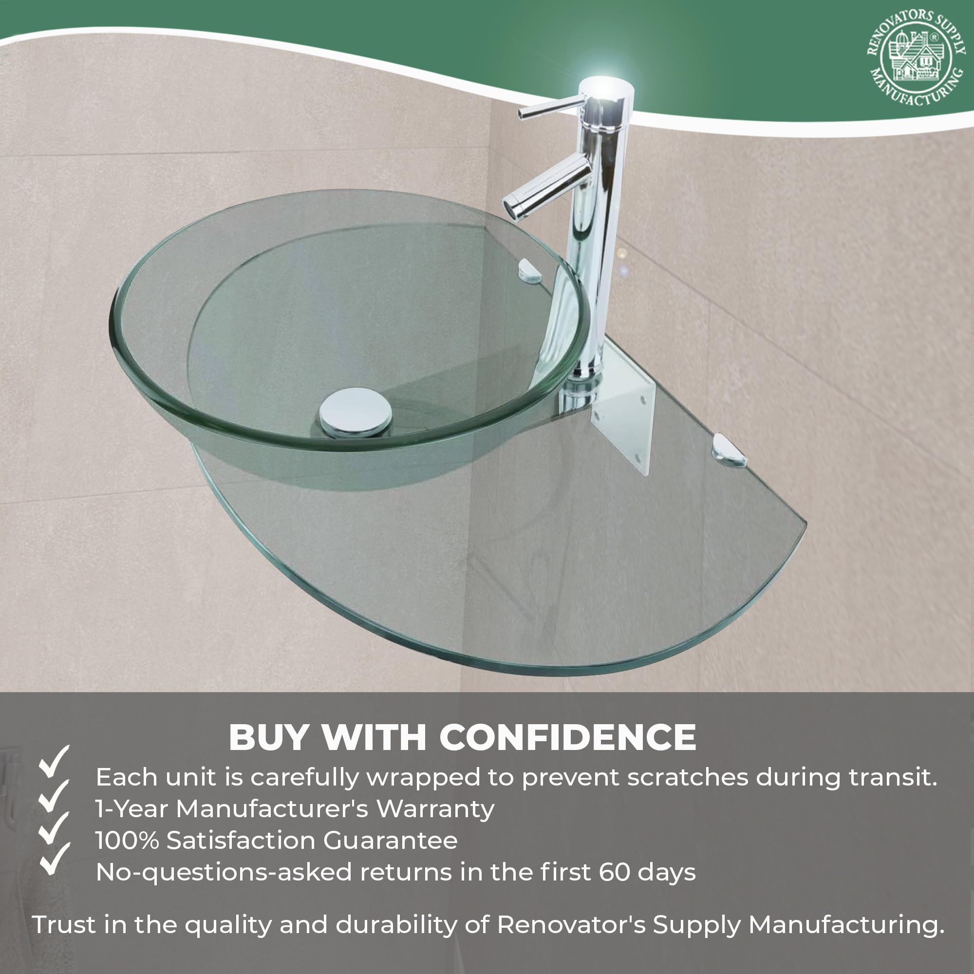 Corona 16 1/4 Inch Tempered Glass Wall Mount Bathroom Vessel Sink with Chrome Faucet & Drain - Round Wall Hung Sink for Modern Bathroom Renovation | Perfect for Small Bathrooms, Powder Rooms & Vanity Makeovers