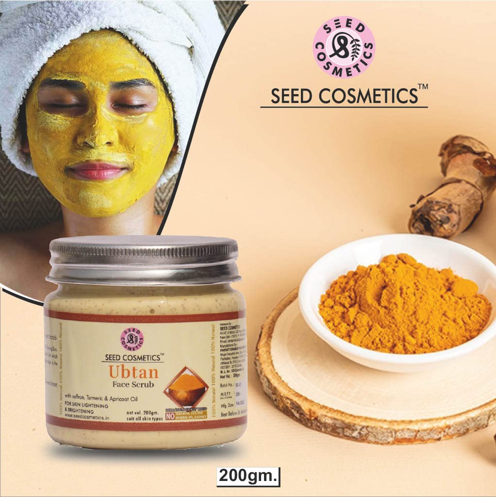 **Seed Cosmetics Herbal Ubtan Face & Body Scrub with Saffron, Turmeric & Apricot Oil – Exfoliating & Deep Cleansing for Glowing Skin – Tan Removal & Pore Refining for Men & Women – 200g (Pack of 2) – Perfect for Daily Skincare & Spa Treatments**