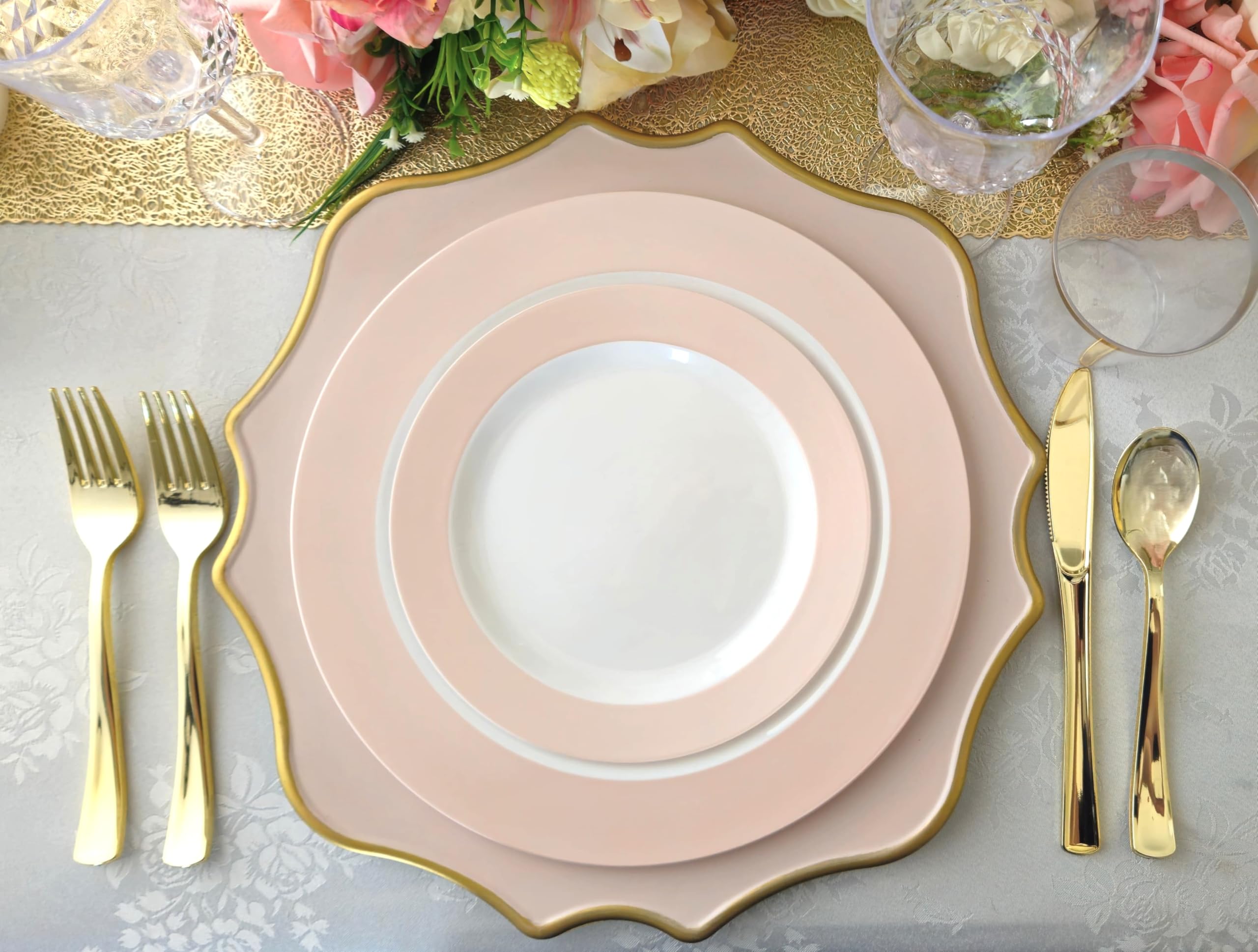 40-Piece Disposable Plastic Plates & Bowls Set - 12 oz Soup Bowls for Wedding, Party, Baby Shower (White & Pearled Pink Blush) | Elegant Tableware for Catering, Picnics & Special Events