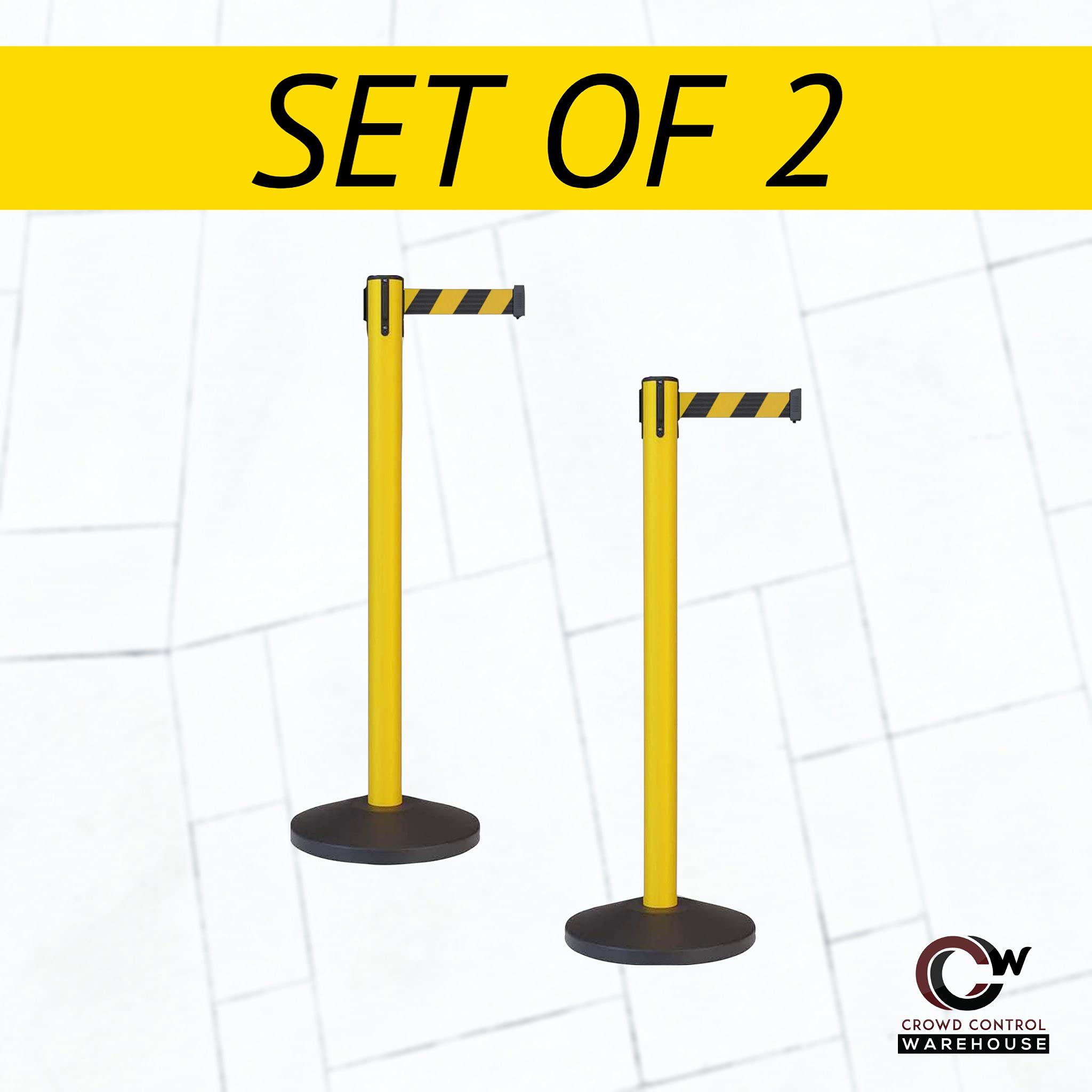 CCW Set of 2 Retractable Safety Belt Barriers - 11ft Yellow Stanchions with Black & White Striped Belts for Crowd Control | Ideal for Warehouses, Events & Queue Management