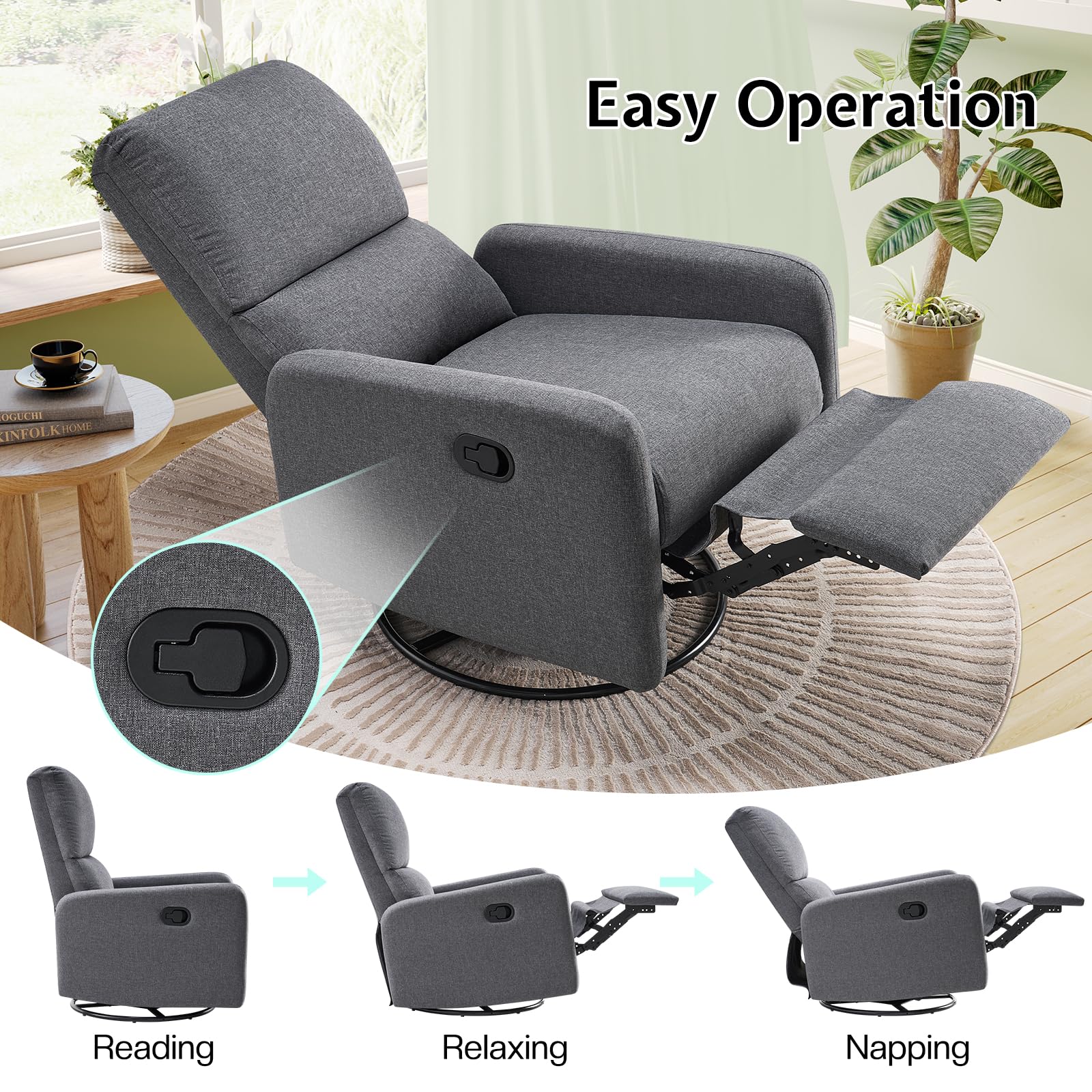 Jocisland Swivel Glider Rocking Recliner Chair for Adults - Upholstered Nursery Rocker with Reclining Function, Comfortable Single Sofa Armchair for Living Room, Bedroom & Nursing - Linen Gray - Perfect for Relaxing, Nursing Moms & Small Spaces