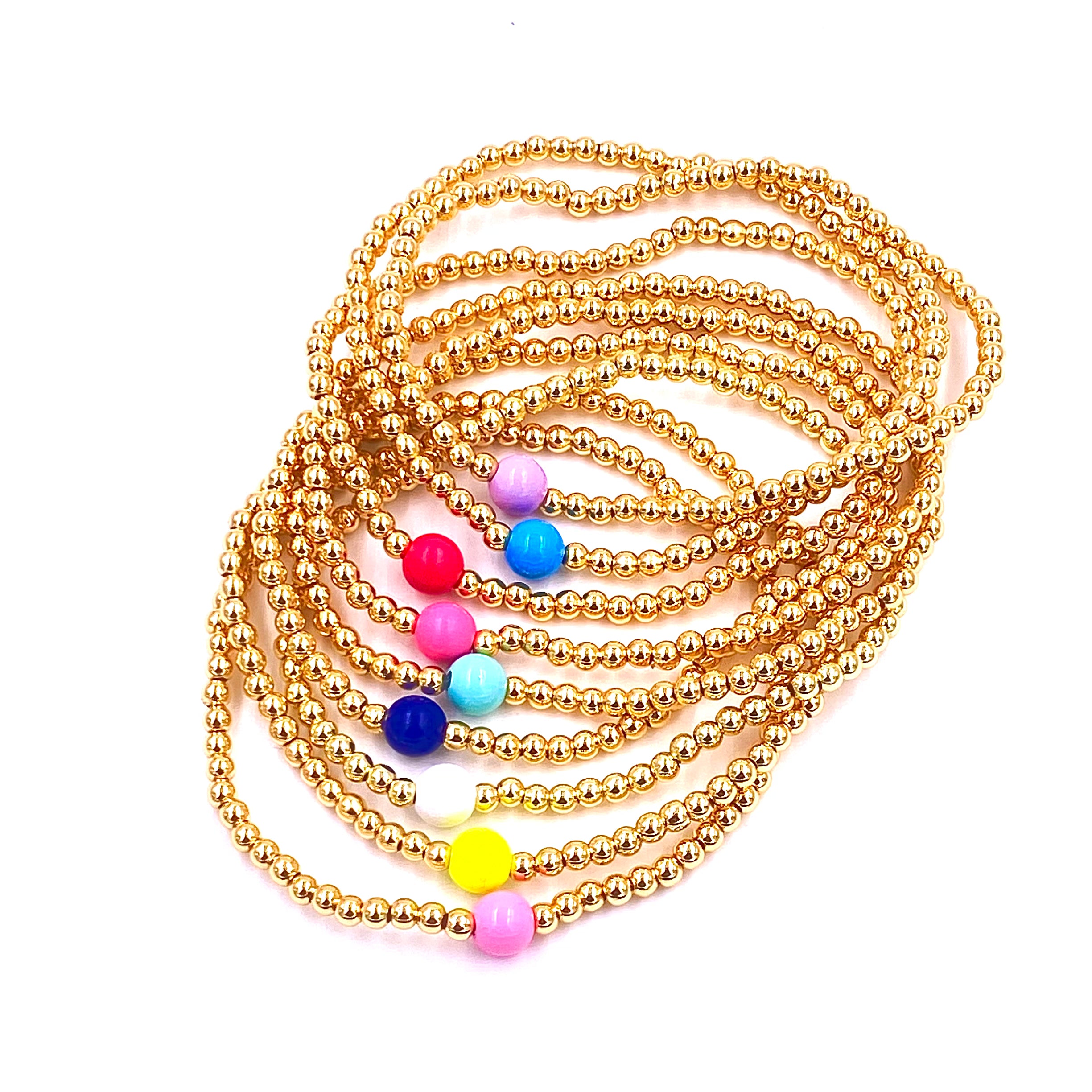Ashley Gold Stainless Steel 3mm Ball Beaded Stretch Bracelet with Enamel Center - Elegant Jewelry for Women, Perfect for Parties, Weddings & Everyday Wear