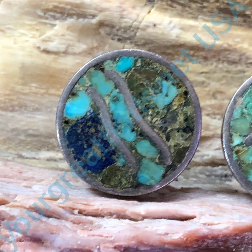 Vintage Mexican Los Castillo Turquoise Chip Mosaic Screw Back Earrings - Handmade Silver Jewelry for Women - Perfect for Boho, Western & Festival Fashion