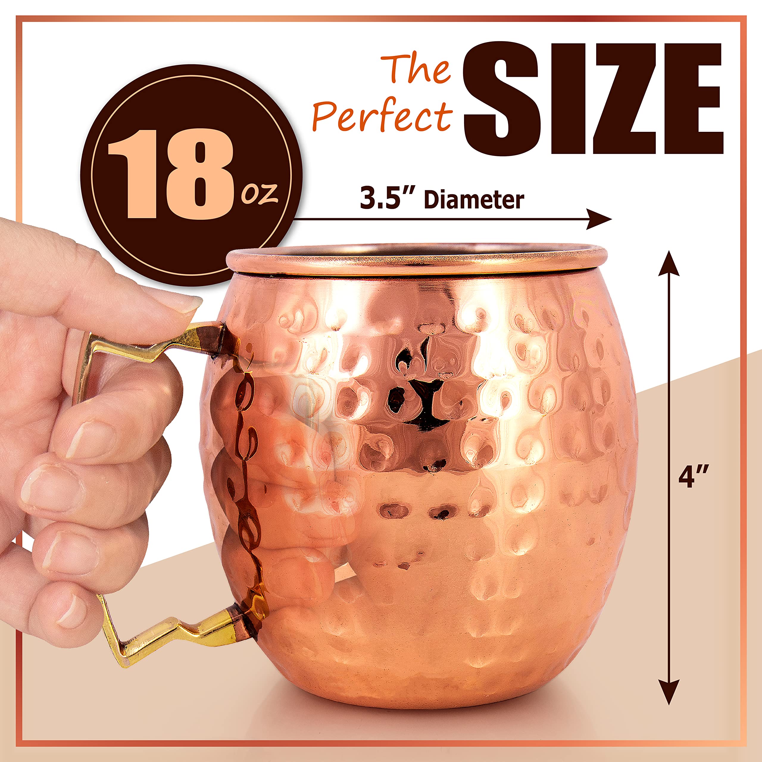 Premium Moscow Mule Mugs Set - 4 Handcrafted 18oz Copper Plated Cups with Stainless Steel Lining, 4 Unique Straws, Jigger, Bottle Opener & Recipe Booklet - Perfect for Cocktail Parties, Home Bars & Gifts