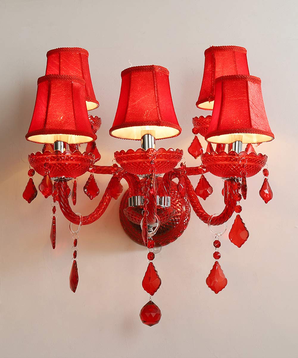 Elegant Aiwen 5-Light Red Crystal Glass Wall Sconce - Double Tier Bedroom Wall Lamp with Lampshade for Bedside Lighting | Perfect for Master Bedroom, Hallway & Living Room Decor