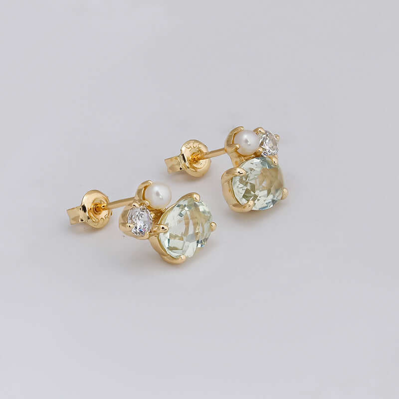 Elegant Green Amethyst and Pearl Stud Earrings for Women | Dainty Gemstone Jewelry Gift | Perfect for Weddings, Parties & Everyday Wear | TB2396