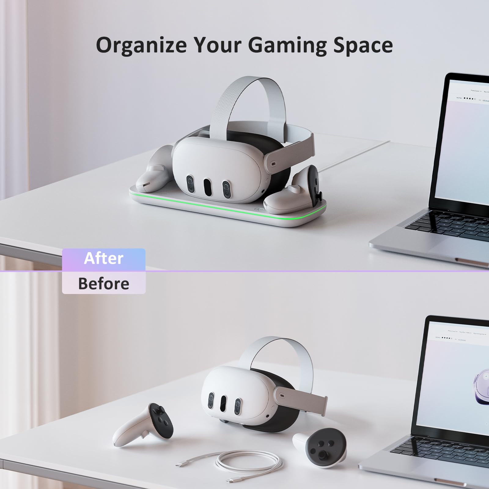 NexiGo 2nd Gen VR Charging Dock for Meta Quest 3 & Oculus Quest 3 - White Charging Station with LED Indicator, 2 Rechargeable Batteries & USB-C Cable | Perfect for VR Gaming Setup & Headset Display