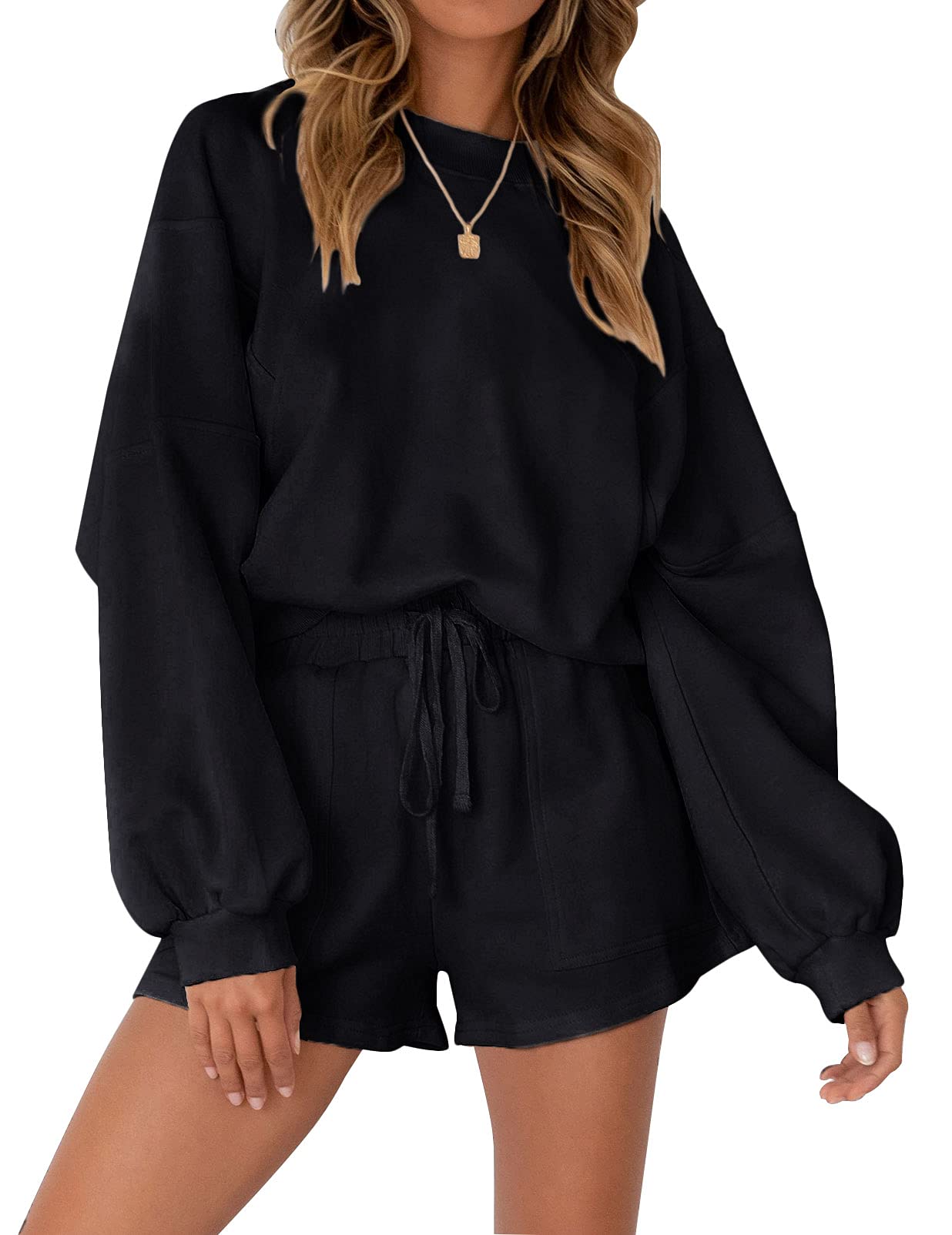 MEROKEETY Women's Oversized Batwing Sleeve Lounge Set - Casual 2-Piece Sweatsuit with Top & Shorts | Comfortable Loungewear for Home, Yoga & Travel