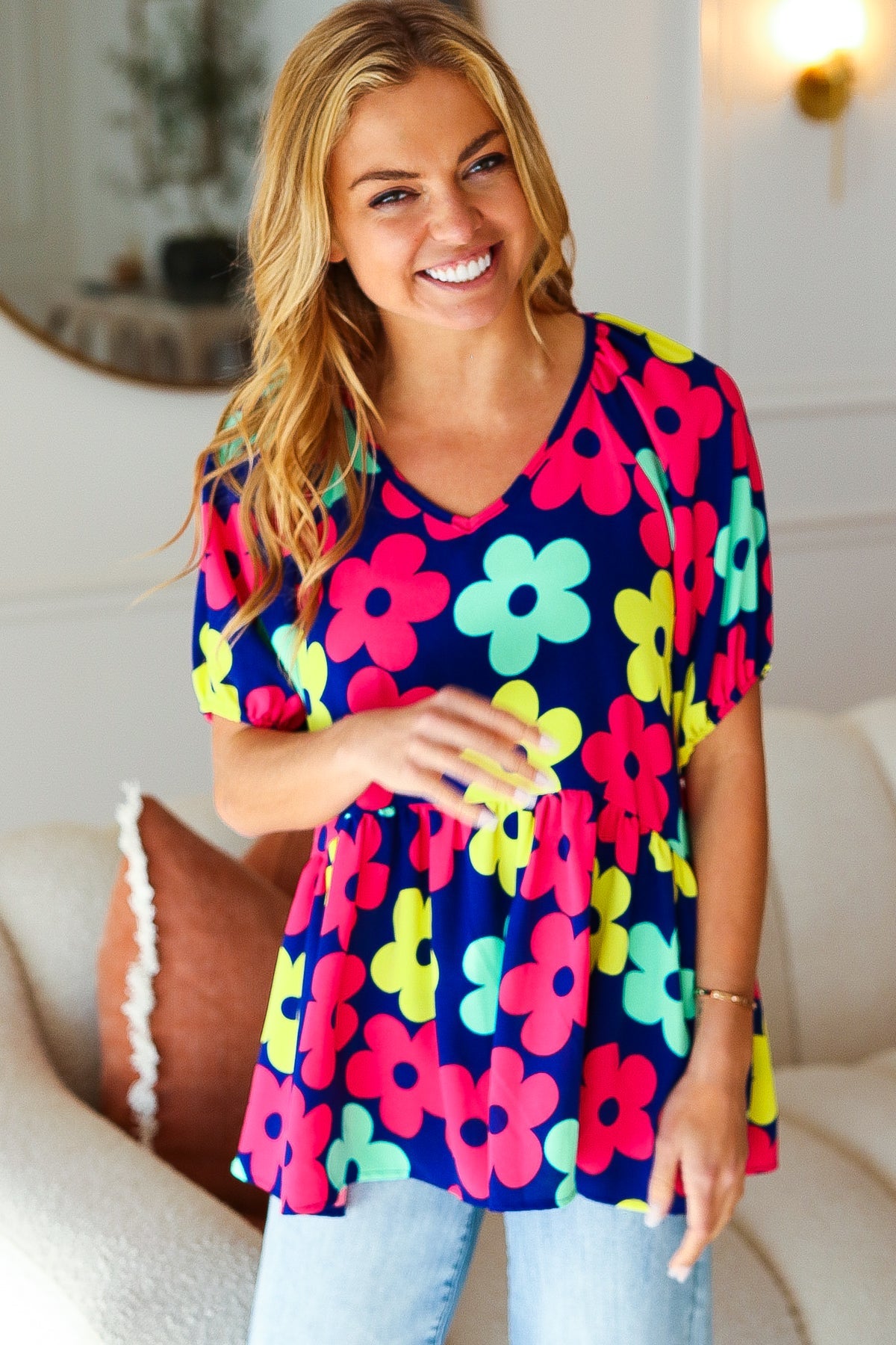 Haptics Navy Blue Floral Print Bubble Sleeve Babydoll Raglan Top - Casual Chic Blouse for Women, Perfect for Date Nights & Summer Outfits