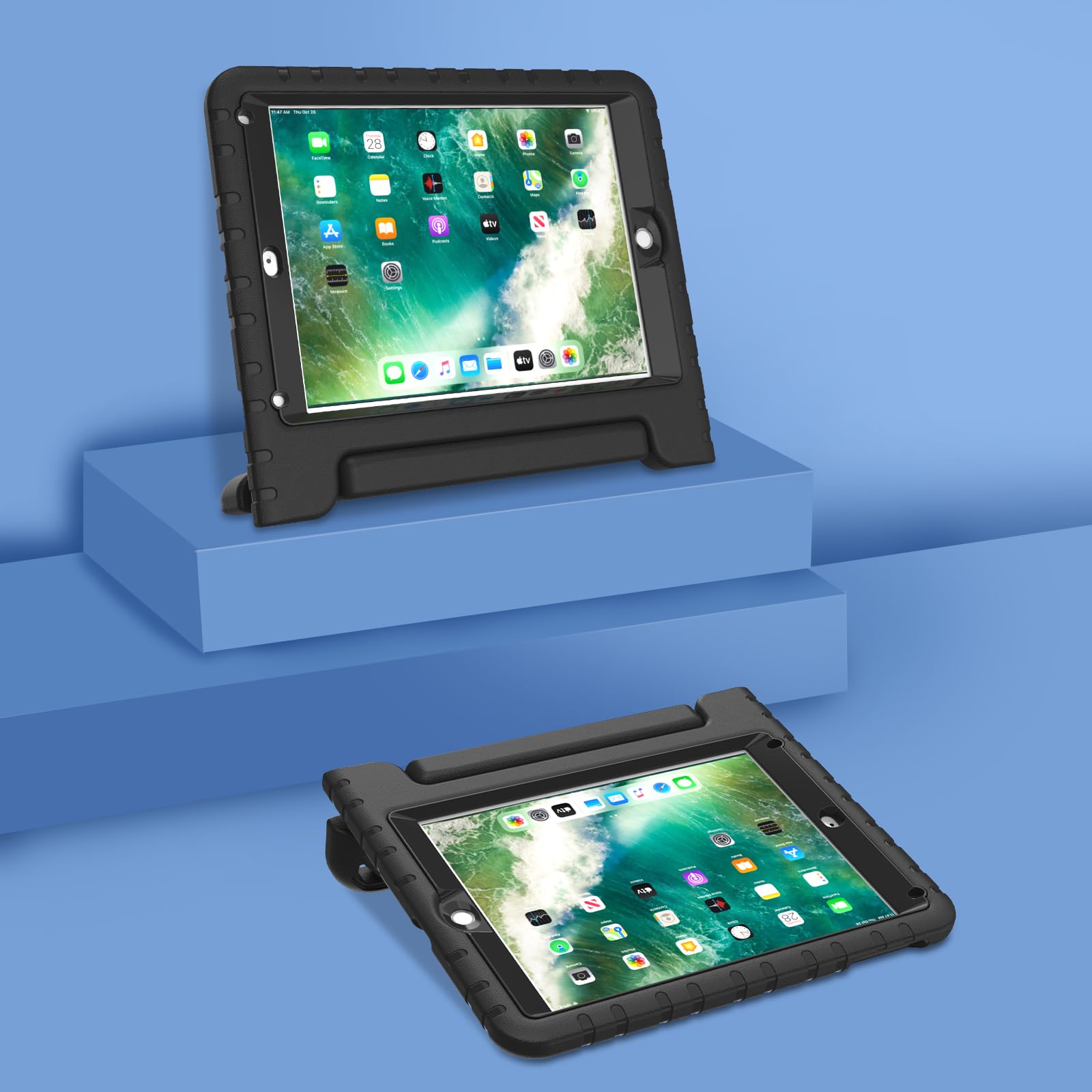 AVAWO Shockproof Kids iPad Case for iPad 9.7 (5th/6th Gen 2017/2018) & iPad Air 2 - Lightweight Convertible Handle Stand Cover with Built-in Screen Protector | Perfect for School, Travel & Home Use (Black)