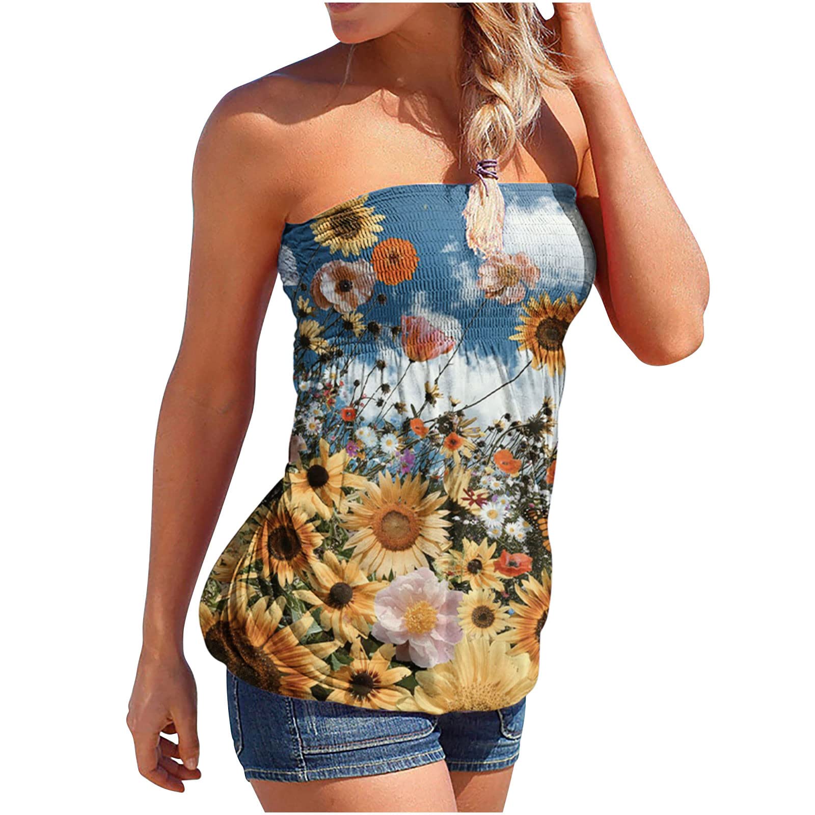 InKach Women's Floral Print Strapless Tube Top - Pleated Sleeveless Bandeau Tank for Casual Wear, Summer Outfits & Beach Vacations