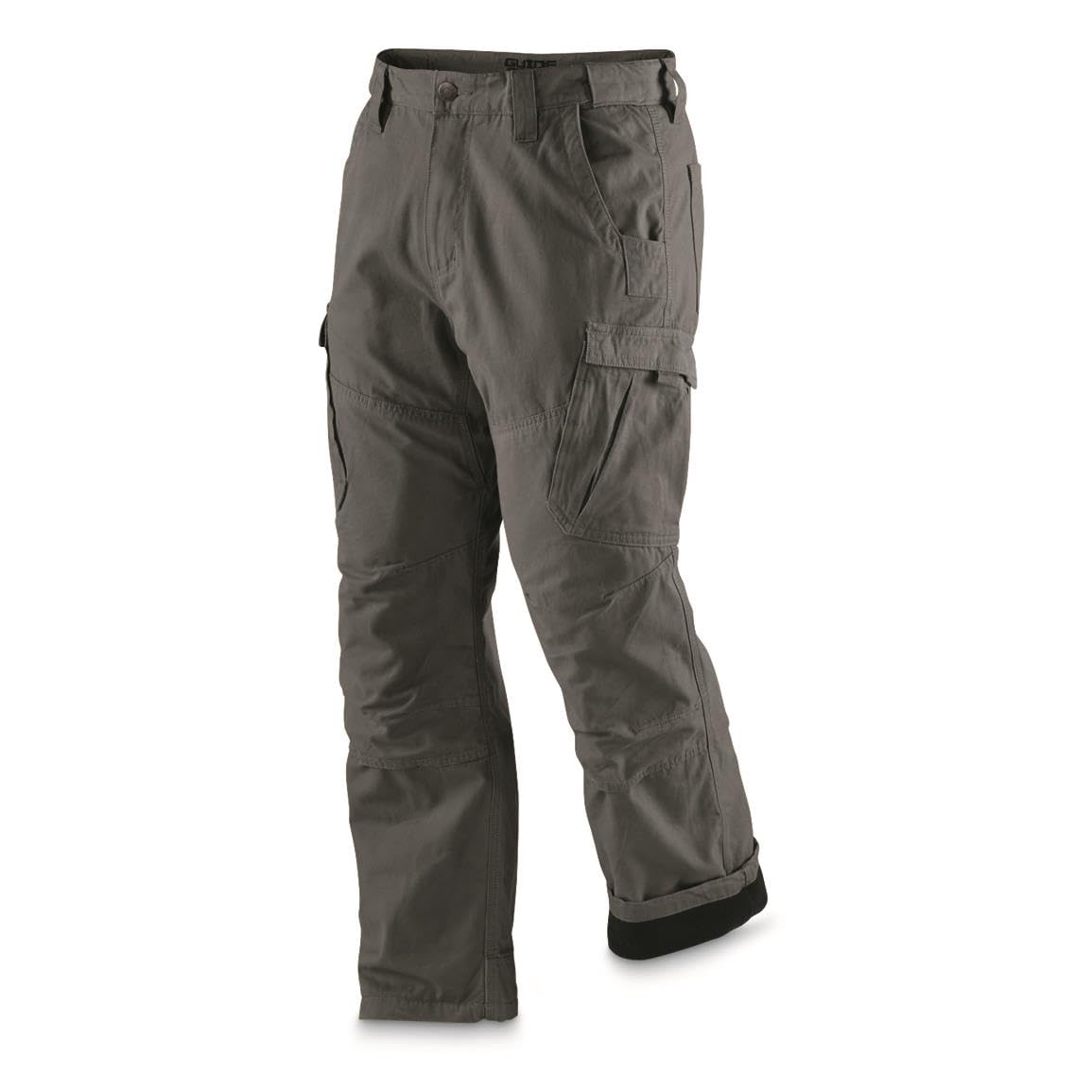 Guide Gear Men's Fleece-Lined Flex Canvas Cargo Pants - Relaxed Fit Work Pants with Multiple Pockets | Outdoor Hiking, Construction Work & Winter Activities