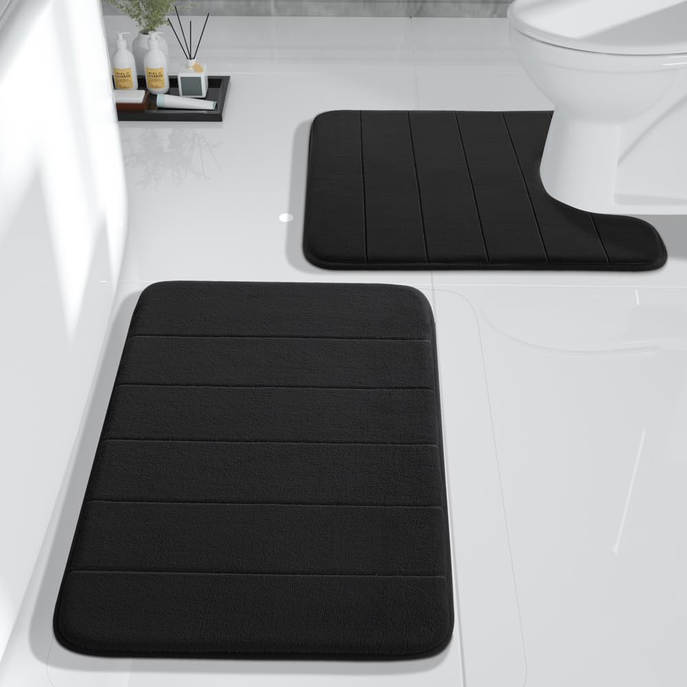 Yimobra 2-Piece Memory Foam Bath Mat Set - Ultra Soft Non-Slip Bathroom Rugs (17x24 & 24x20.4 Inches) - Quick Dry, Water Absorbent U-Shaped Toilet Mats for Bathroom Floor - Perfect for Showers, Bathtubs & Sink Areas - Black