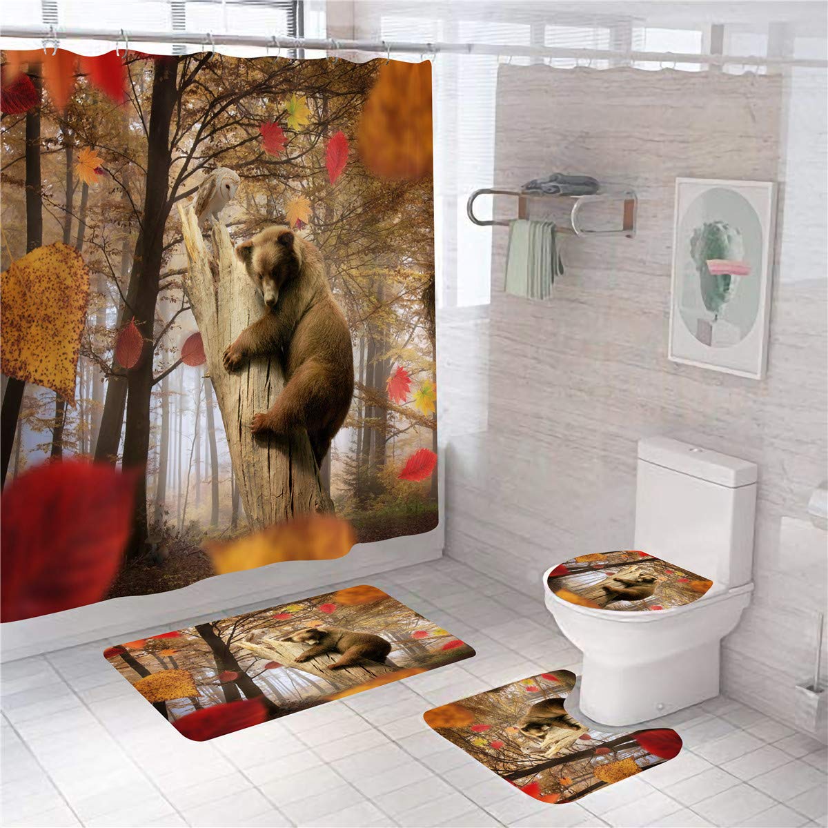4PCS Wild Animal Shower Curtain Set with Bath Mat - Brown Bear Climbing Tree Waterproof Polyester Bathroom Decor for Kids & Adults - Perfect for Jungle Theme Bathrooms & Nursery Decor