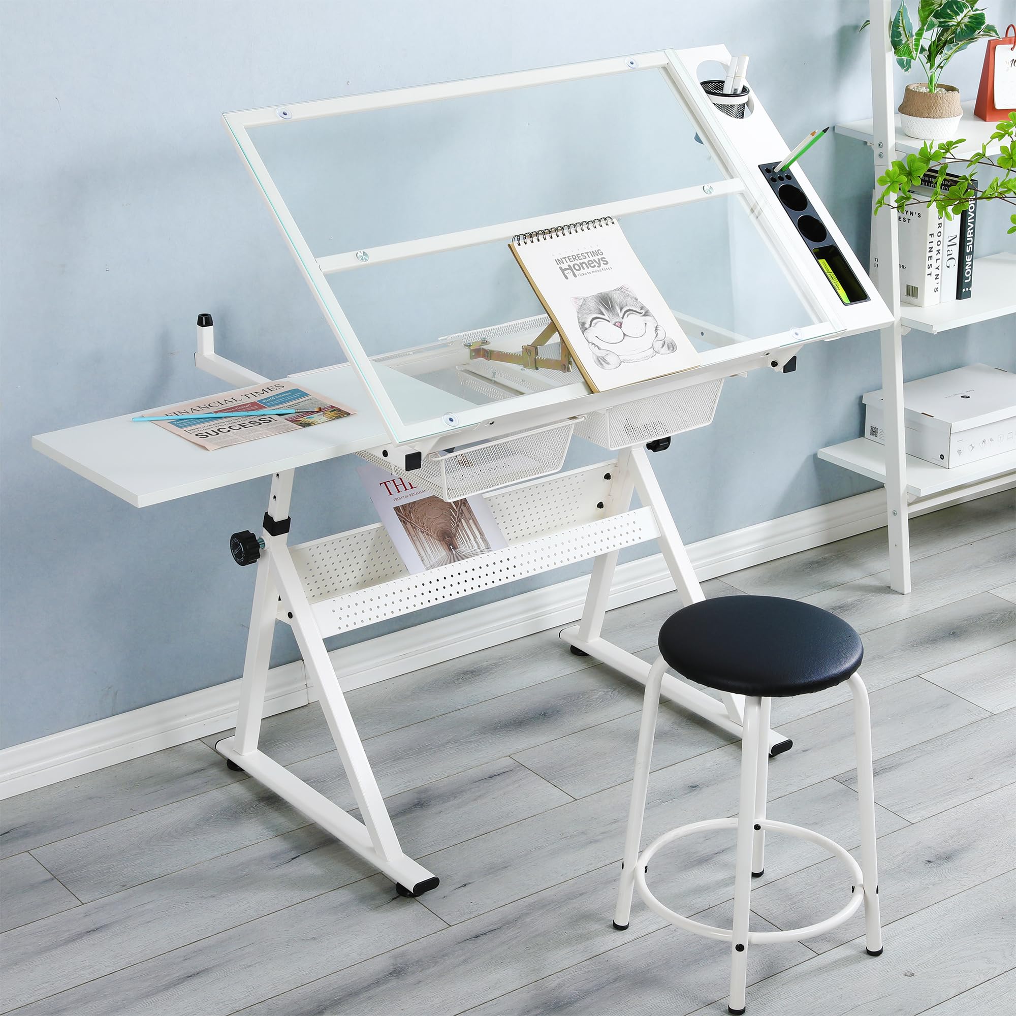LifeSky Adjustable Drafting Table for Artists - Art Drawing Desk with Storage & Glass Top - Perfect for Painting, Sketching, Illustrators & Cartoonists - Ideal for Home Studios, Art Classes & Professional Workspaces