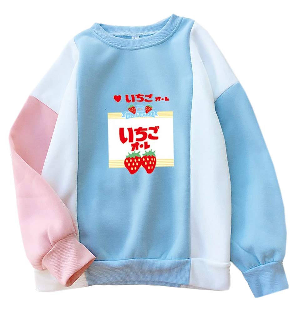 Fashionoly Kawaii Strawberry Milk Print Hoodie - Cute Sweet Girl's Loose Fleece Sweatshirt in Blue | Perfect for Casual Wear, Street Style & Anime Cosplay