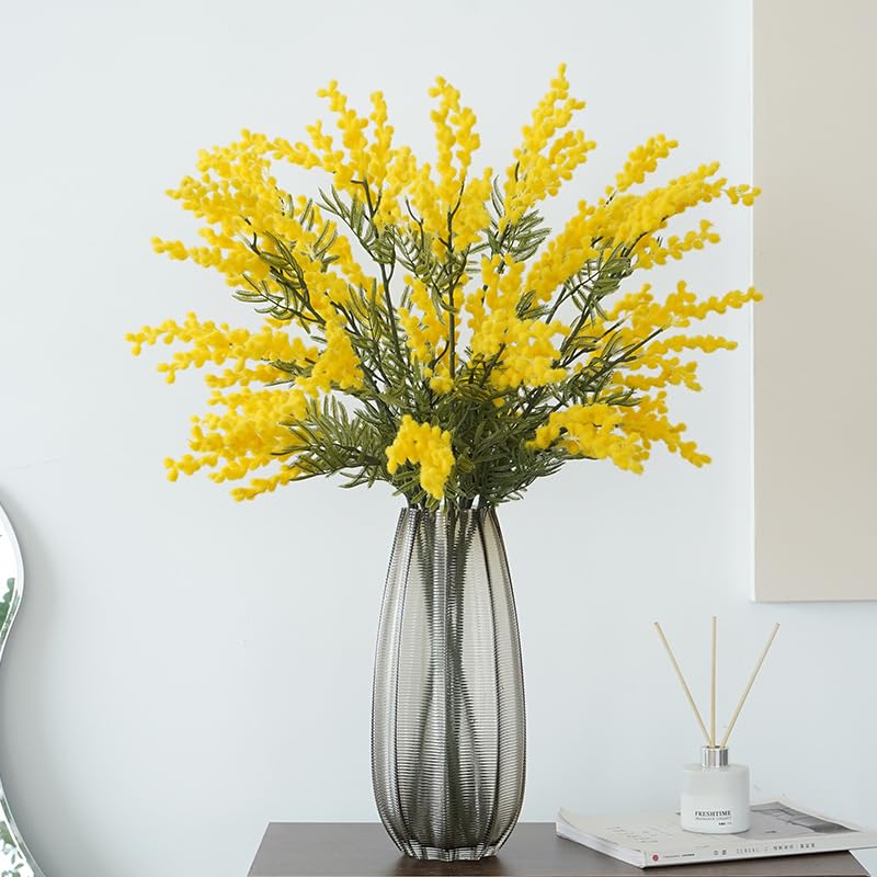 4pcs Mimosa Artificial Silk Flowers - Fake Plants Branches Spray Pudica Acacia Bouquet for Home Decor, Wedding Centerpieces & Fall Decoration (Yellow) - Perfect for Table Settings, Party Decor & Seasonal Displays