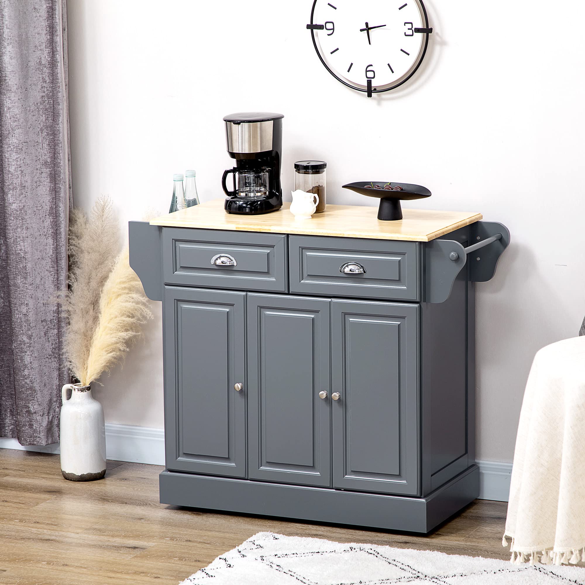 HOMCOM 3-Tier Rolling Kitchen Island with Drawers, Wood Countertop & Spice Rack - Mobile Storage Cabinet for Small Spaces, Dark Gray - Perfect for Apartments, Dorms & Compact Kitchens