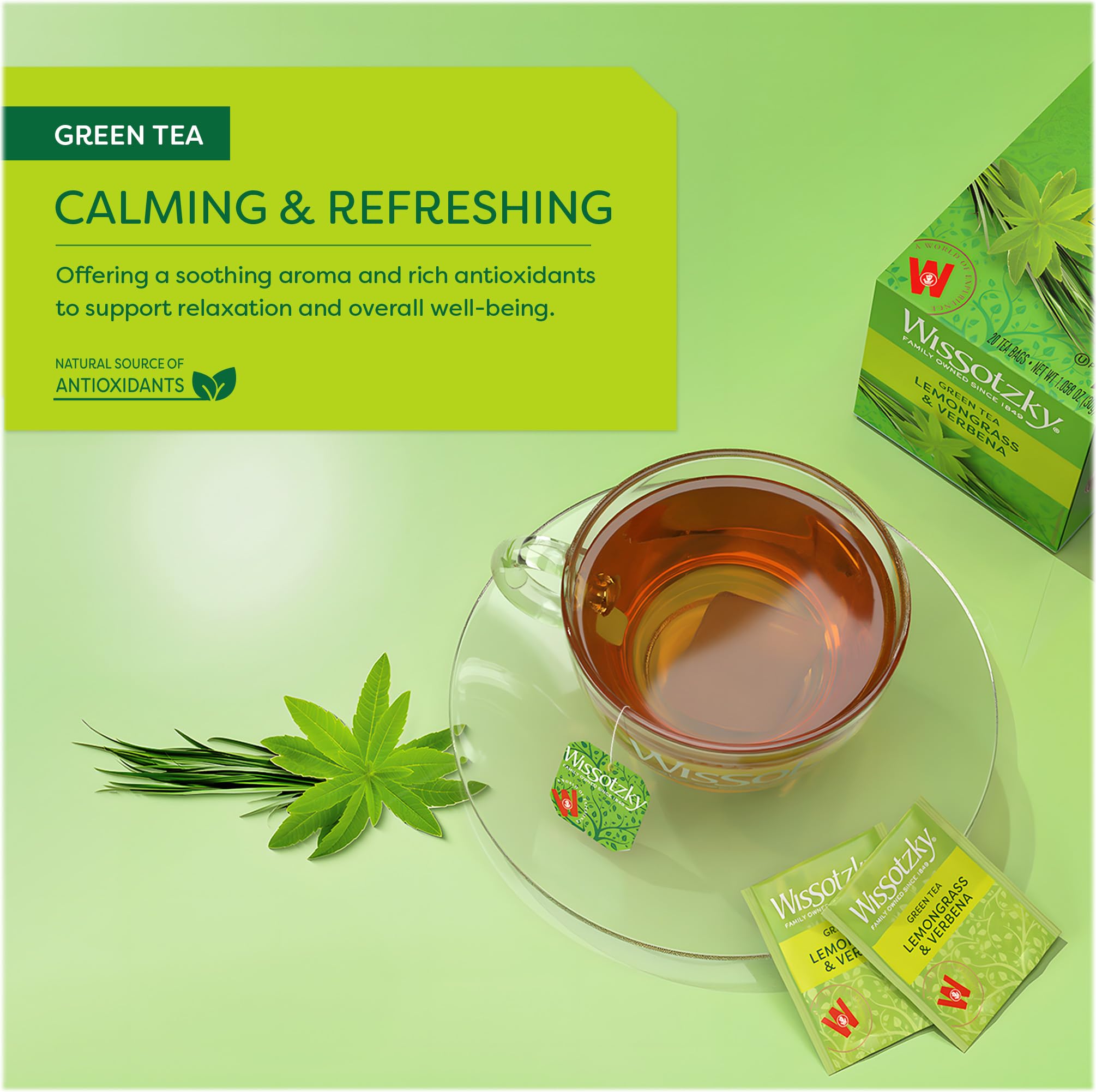 Wissotzky Lemongrass & Verbena Green Tea Bags - 20 Count | Antioxidant-Rich Herbal Tea with Soothing Citrus Aroma | Perfect for Relaxation, Afternoon Boost & Detox | Refreshing Caffeine-Free Beverage for Home or Office