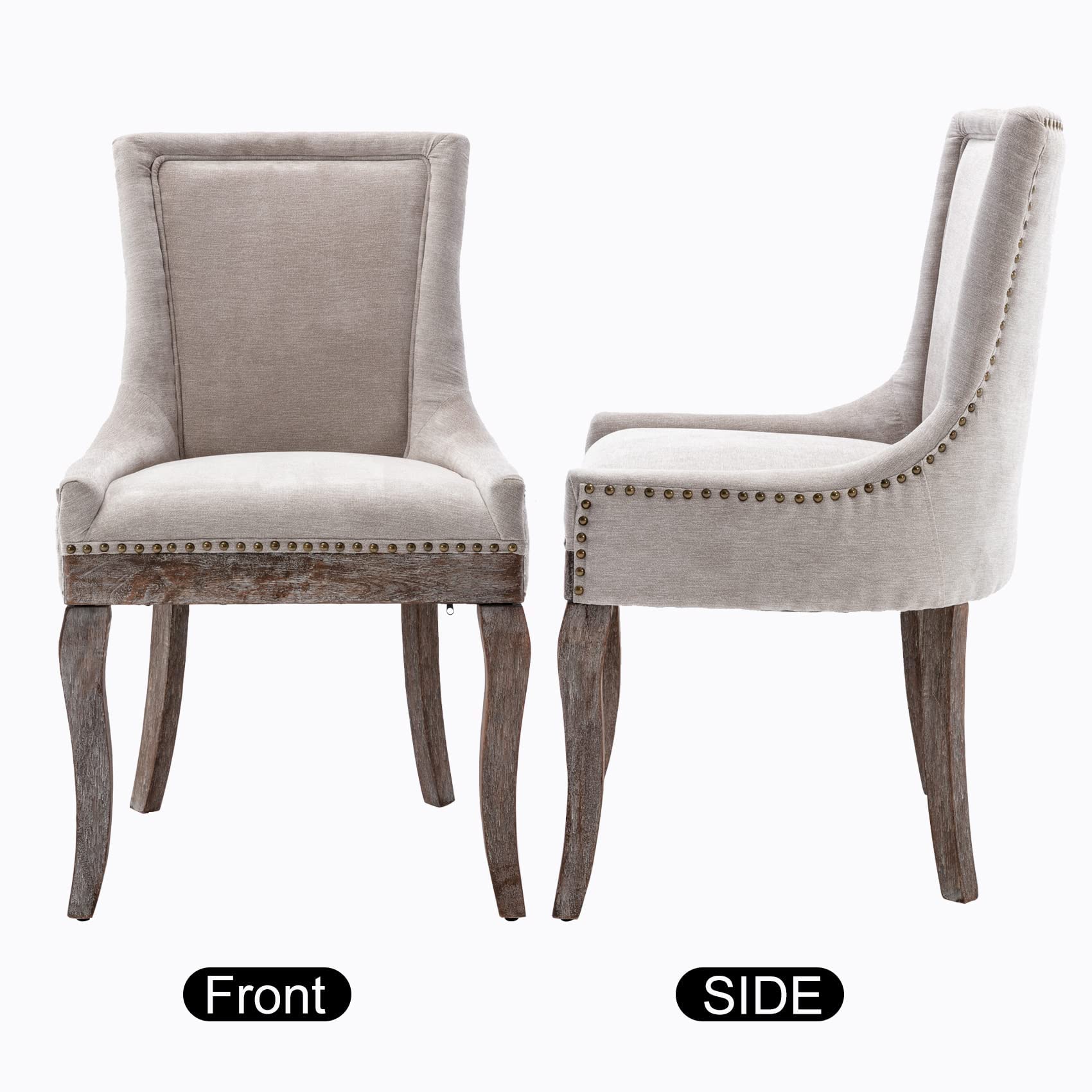 Aoowow 2-Piece Fabric Upholstered Side Chairs Set - Solid Wood Dining Chairs with Nailhead Trim, Beige - Perfect for Kitchen, Dining Room & Home Office Seating