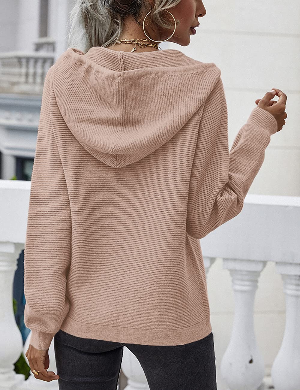 Lrady Women's Casual Pullover Sweater Knit Hoodie Button-Up Sweatshirt V-Neck Henley Shirt Blouse Tunic Top for Work, Travel & Everyday Wear