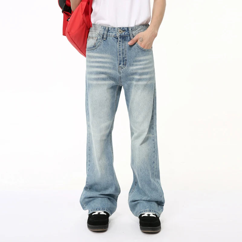 American Style Men's Jeans - Summer Washed Denim with Distressed Marks, Relaxed Straight Wide Leg & Spacious Pockets | Casual Chic Male Denim Pants (Style 9C6499) | Perfect for Streetwear, Weekend Outings & Urban Fashion
