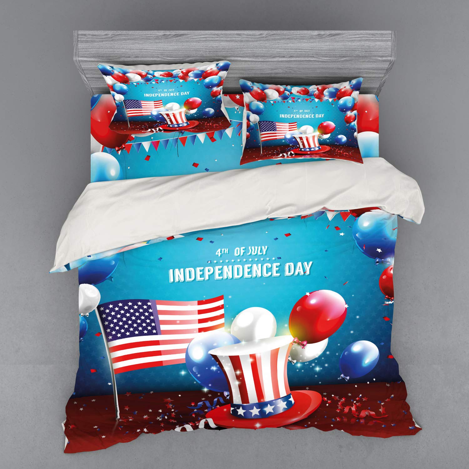 Ambesonne 4th of July Patriotic Bedding Set - King Size 4-Piece Duvet Cover with Pillow Shams & Fitted Sheet - Uncle Sam Hat, American Flag & Balloons Design in Blue, Red & Pearl - Perfect for Independence Day Decor & Holiday Home Celebration